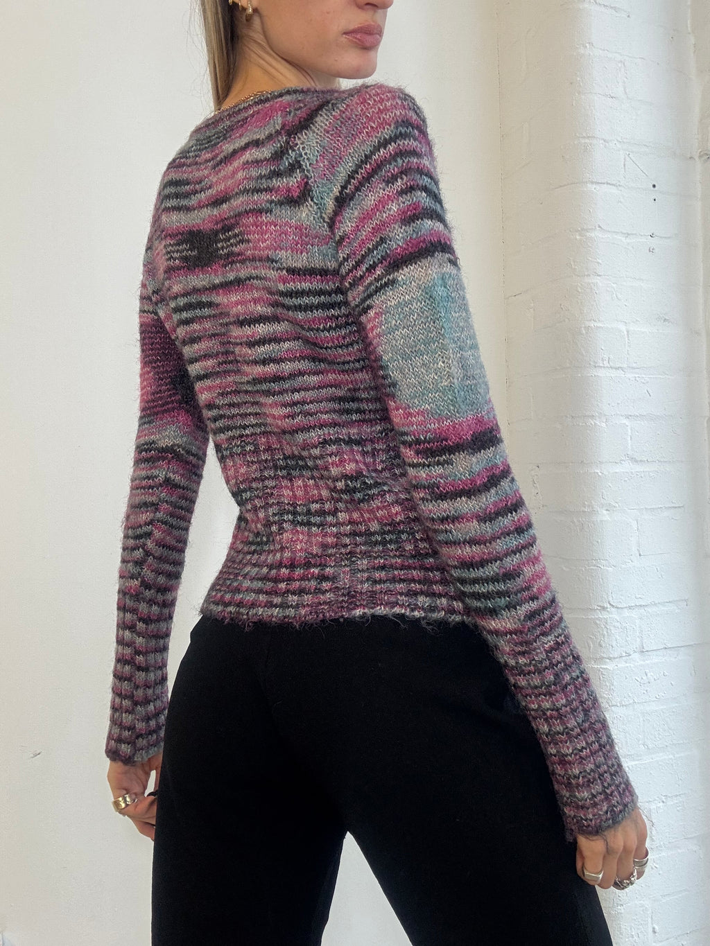 Vintage Y2K Pink & Grey Space Dye Mohair Knit V Neck Jumper - Size M