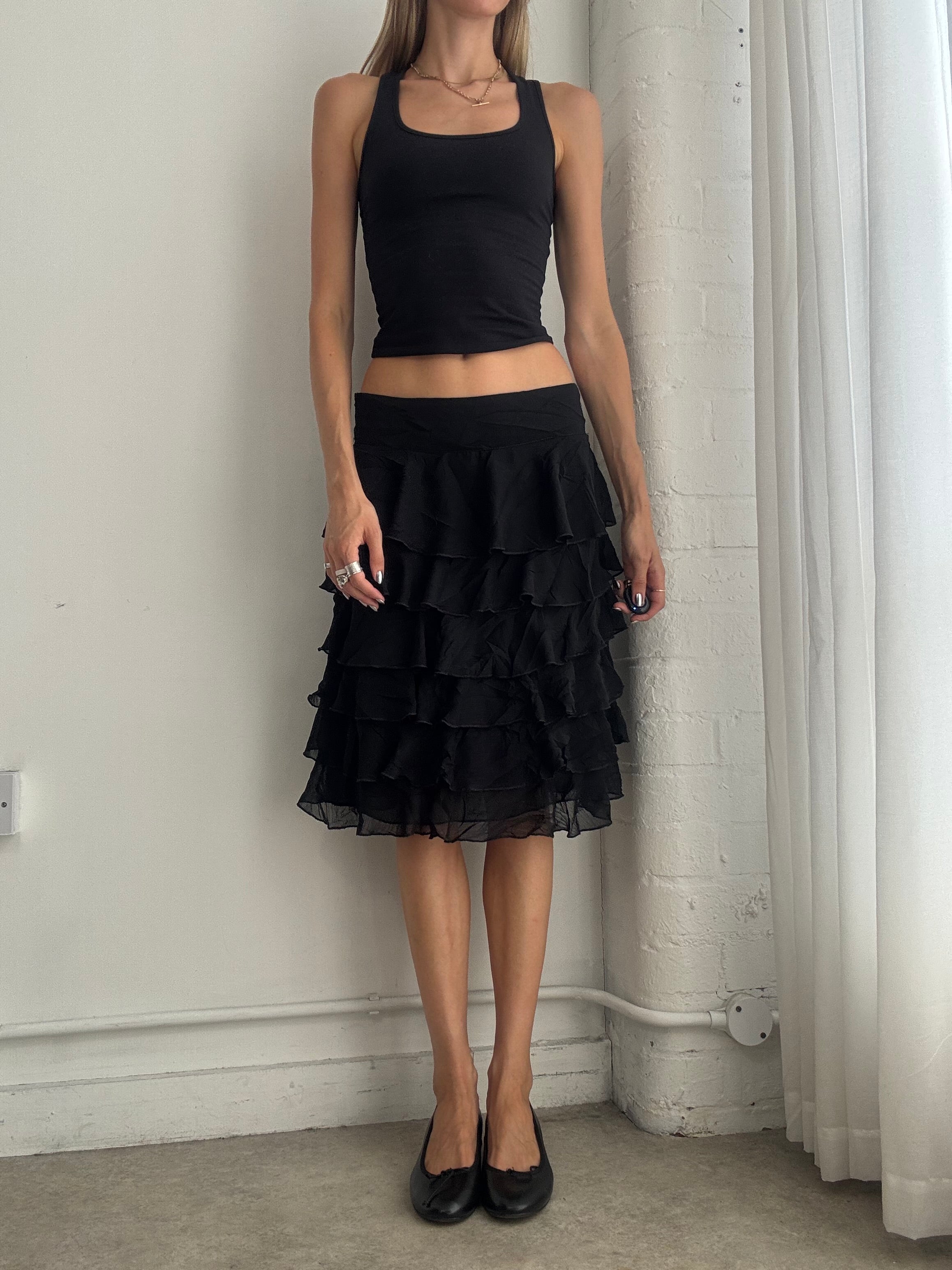 Vintage Y2K Black Tiered Ruffle Midi Skirt – Boho Mesh Layered Skirt - Size S/M