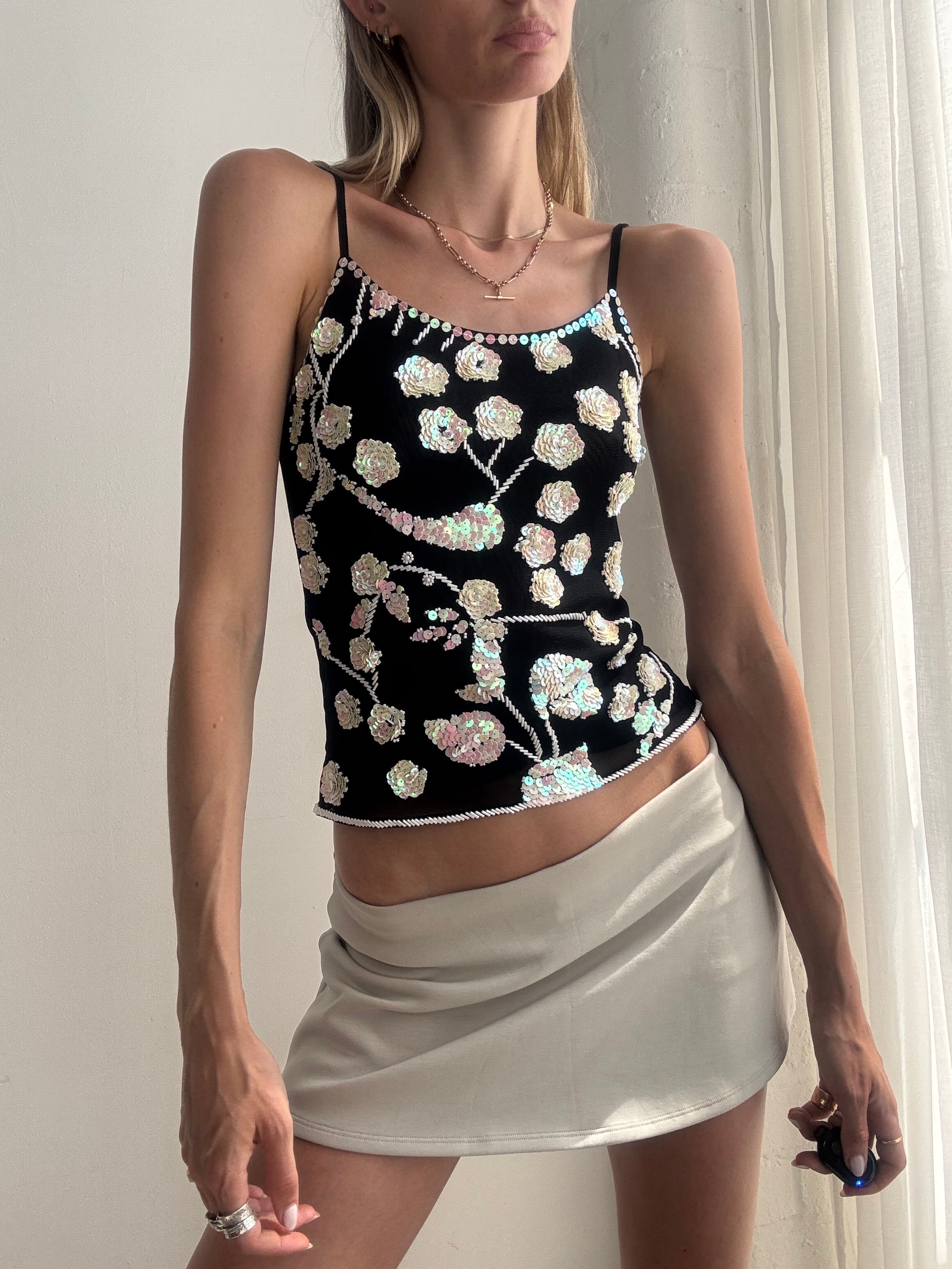 Vintage Y2K Sequin Floral Cami Top - Size XS