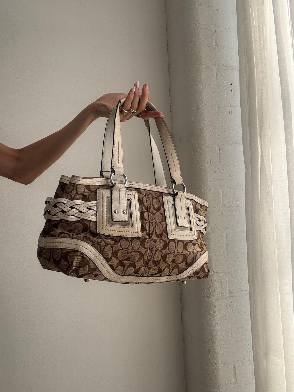 Vintage Vintage Y2K Coach Signature Shoulder Bag – Brown Monogram Canvas & Cream Leather
