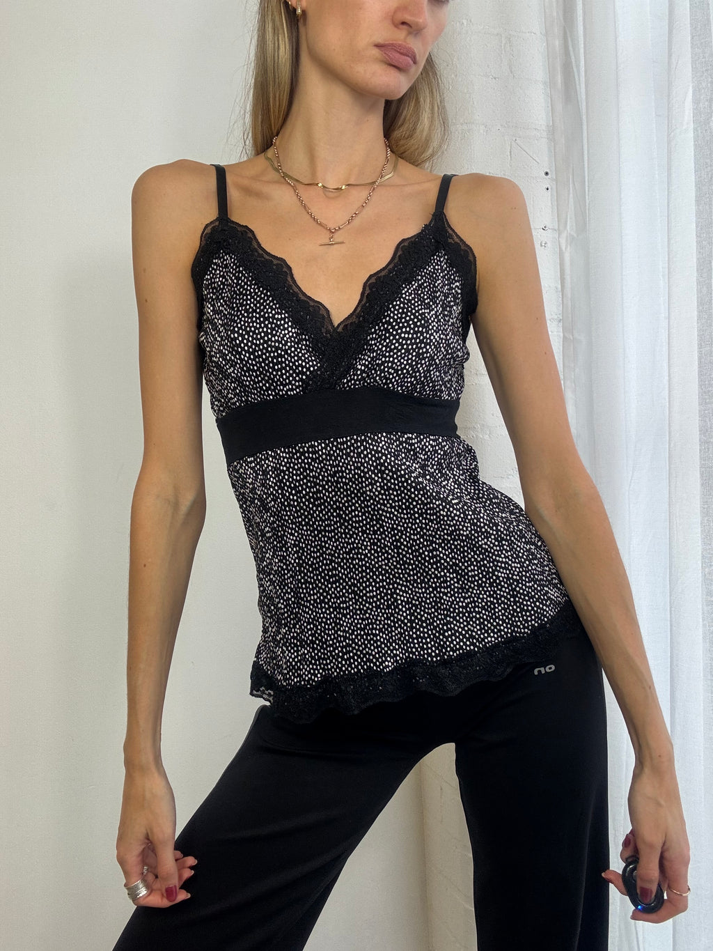Vintage y2k black & white polka dot cami top with lace trim