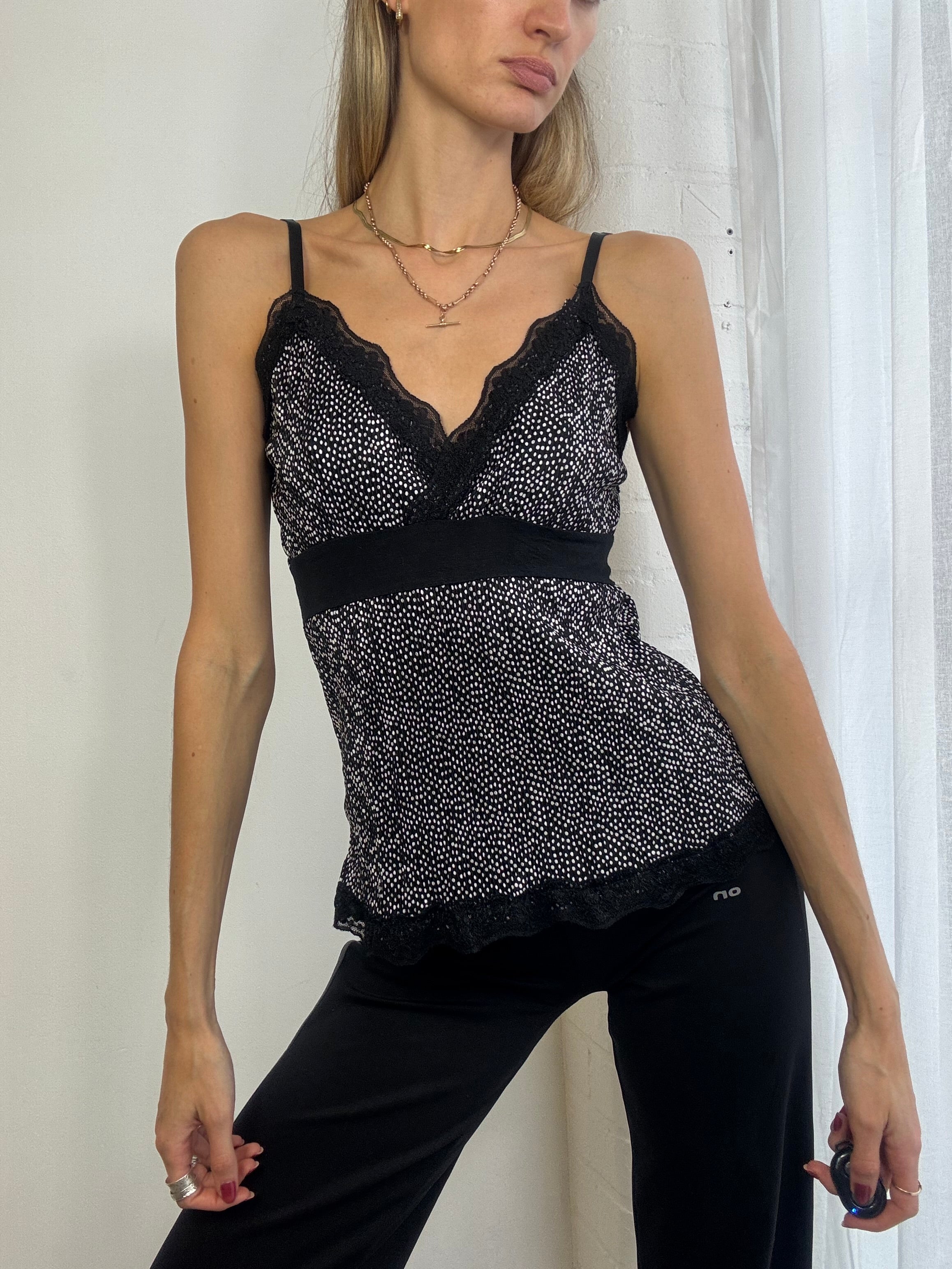Vintage y2k black & white polka dot cami top with lace trim