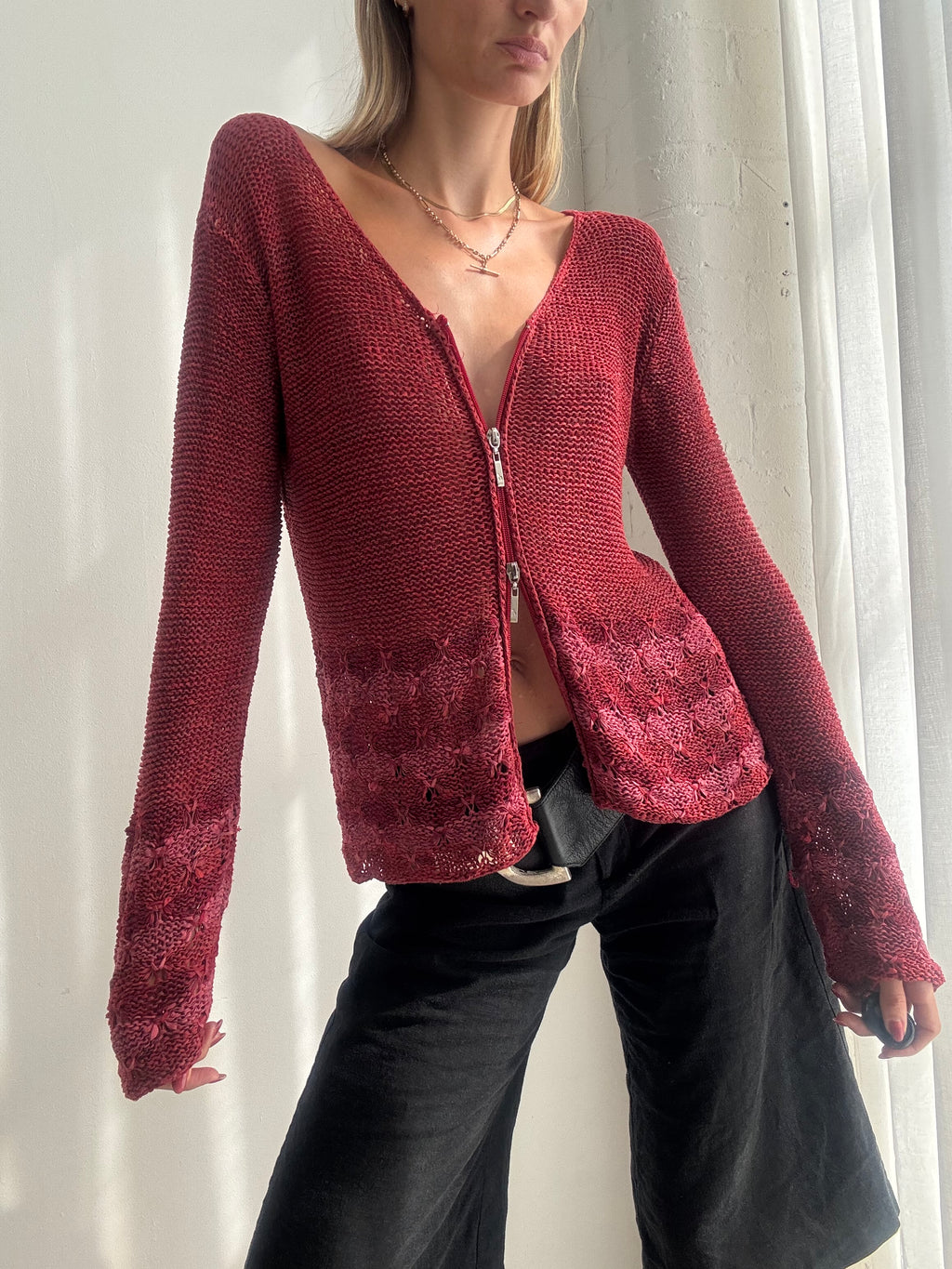 Vintage Y2K Burgundy Dual Zip Flared Cardigan Top Jumper - Size M