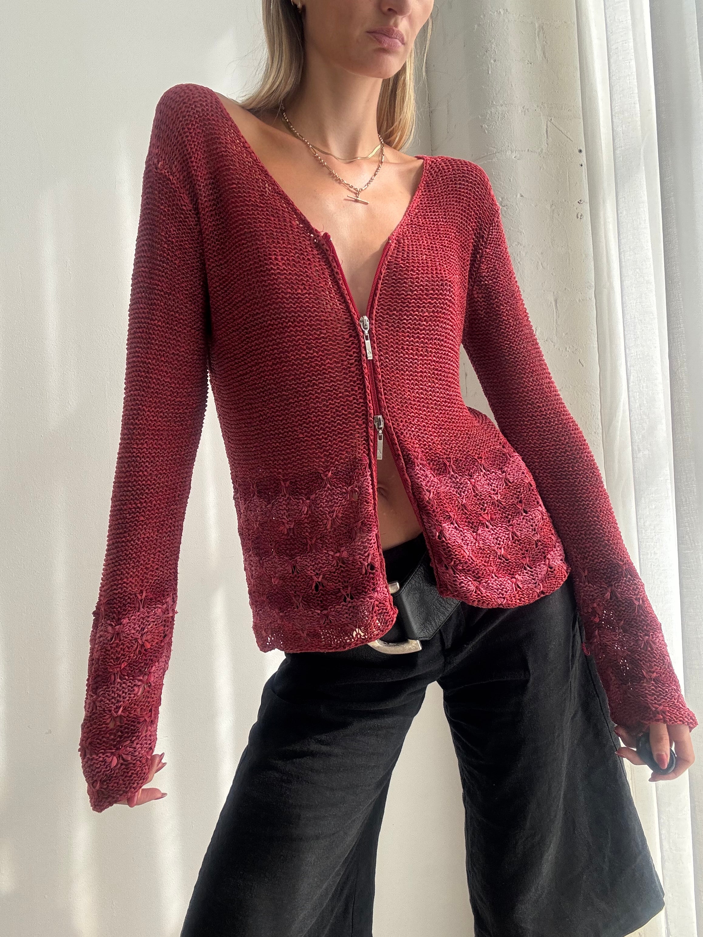 Vintage Y2K Burgundy Dual Zip Flared Cardigan Top Jumper - Size M