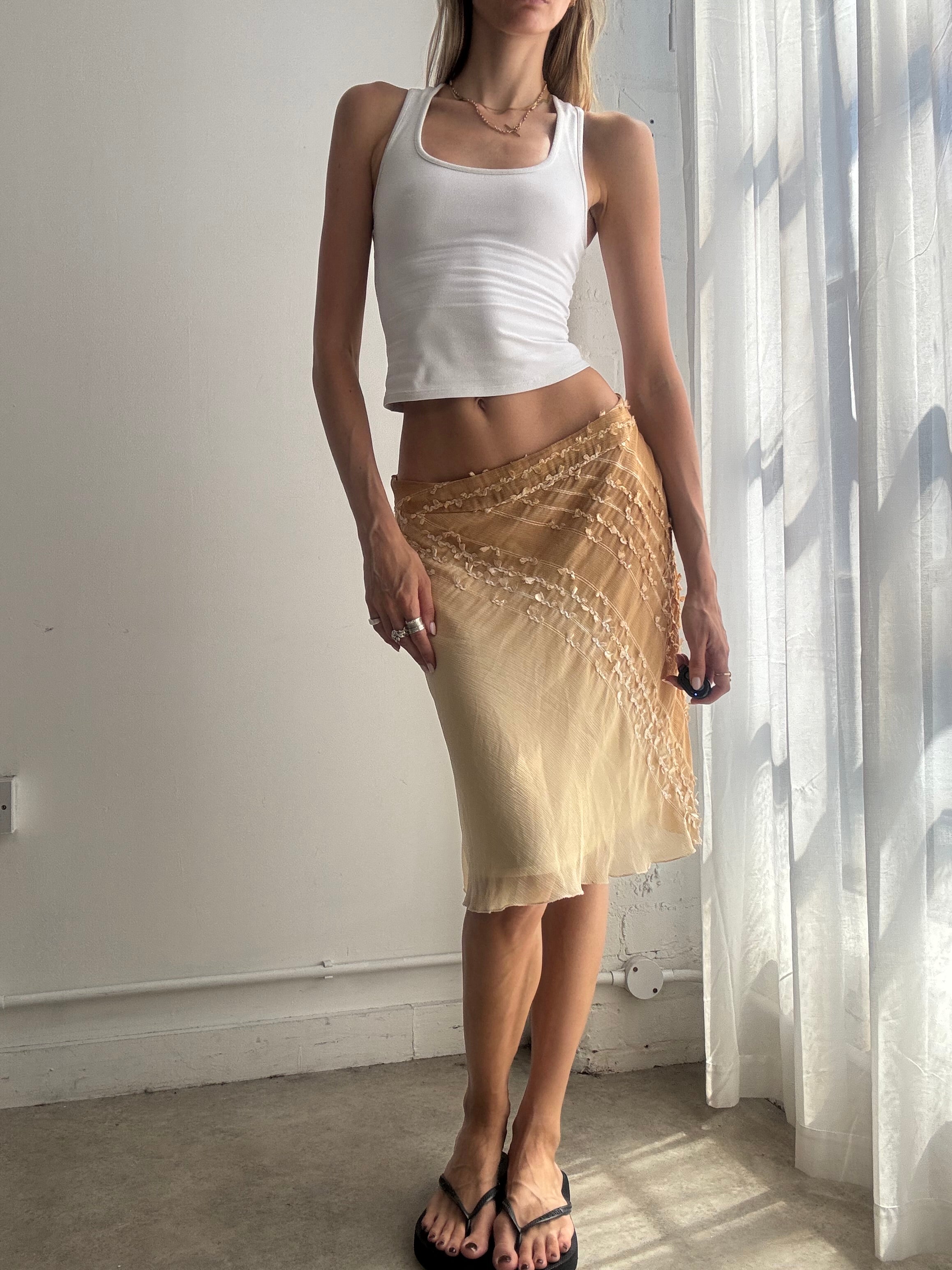 Vintage Embroidered Ombre Mesh Midi Skirt Y2K - Size M