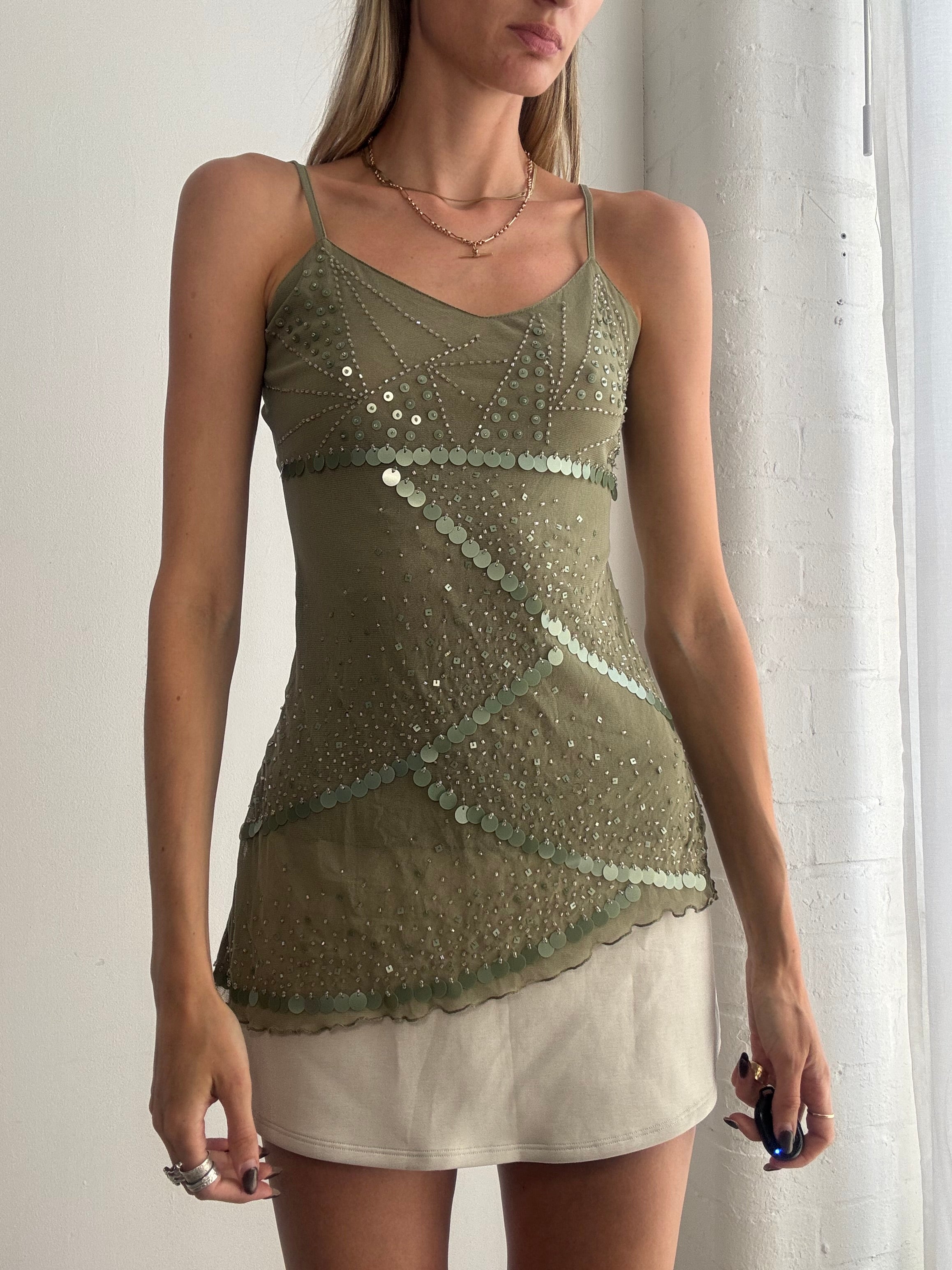 Vintage Y2K khaki green sequin cami top - Size XS/S