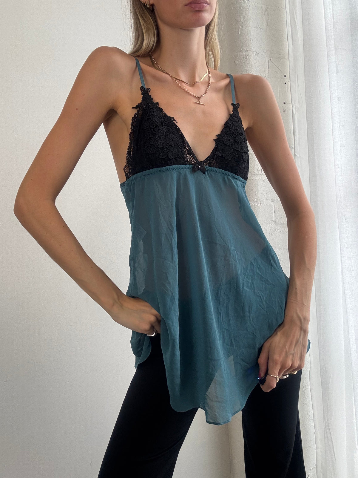 Vintage Y2K Teal & Black Lace Babydoll Cami Top - Size M