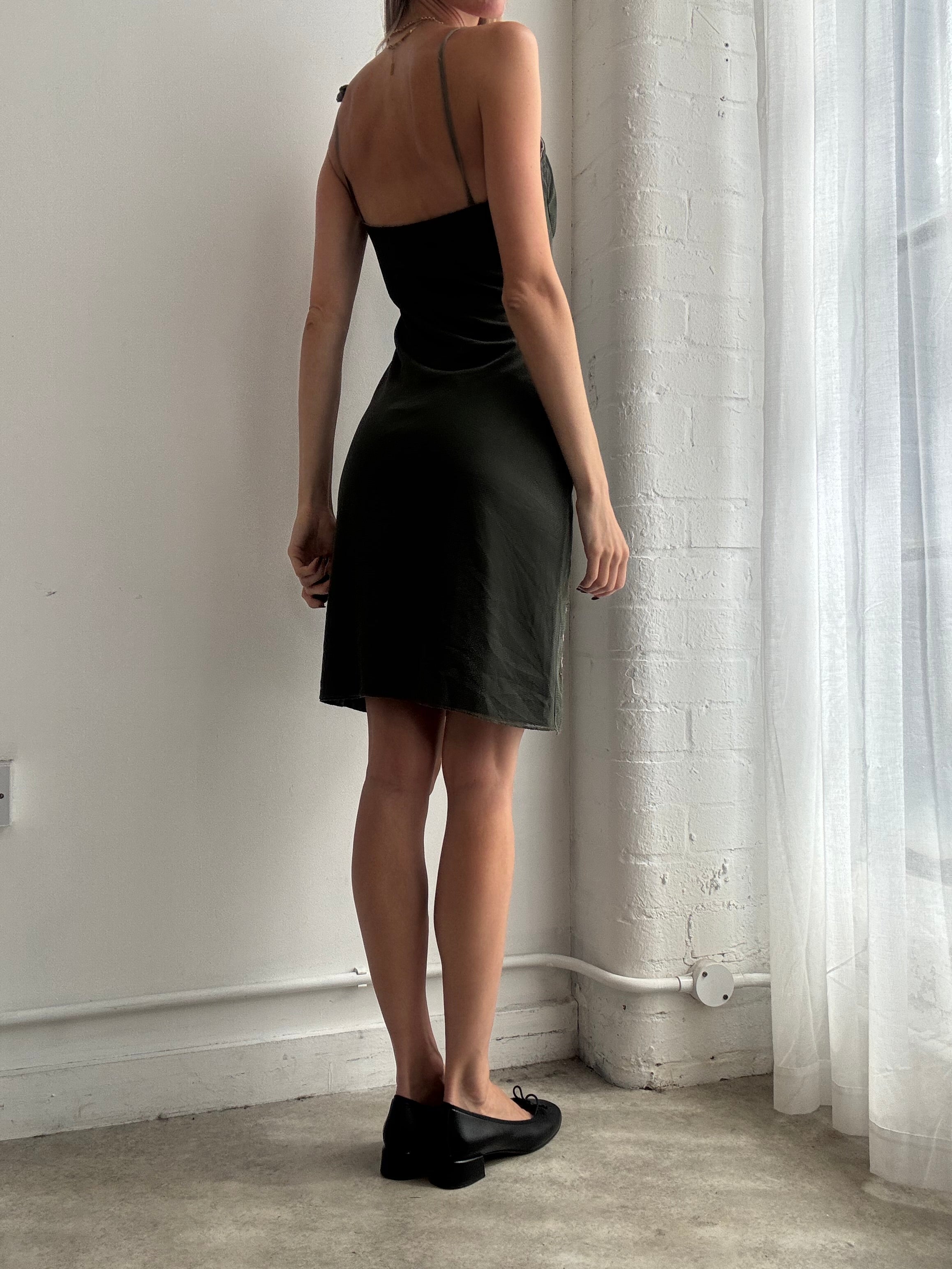 Vintage Y2K olive mesh floral embroidered slip dress - Size S