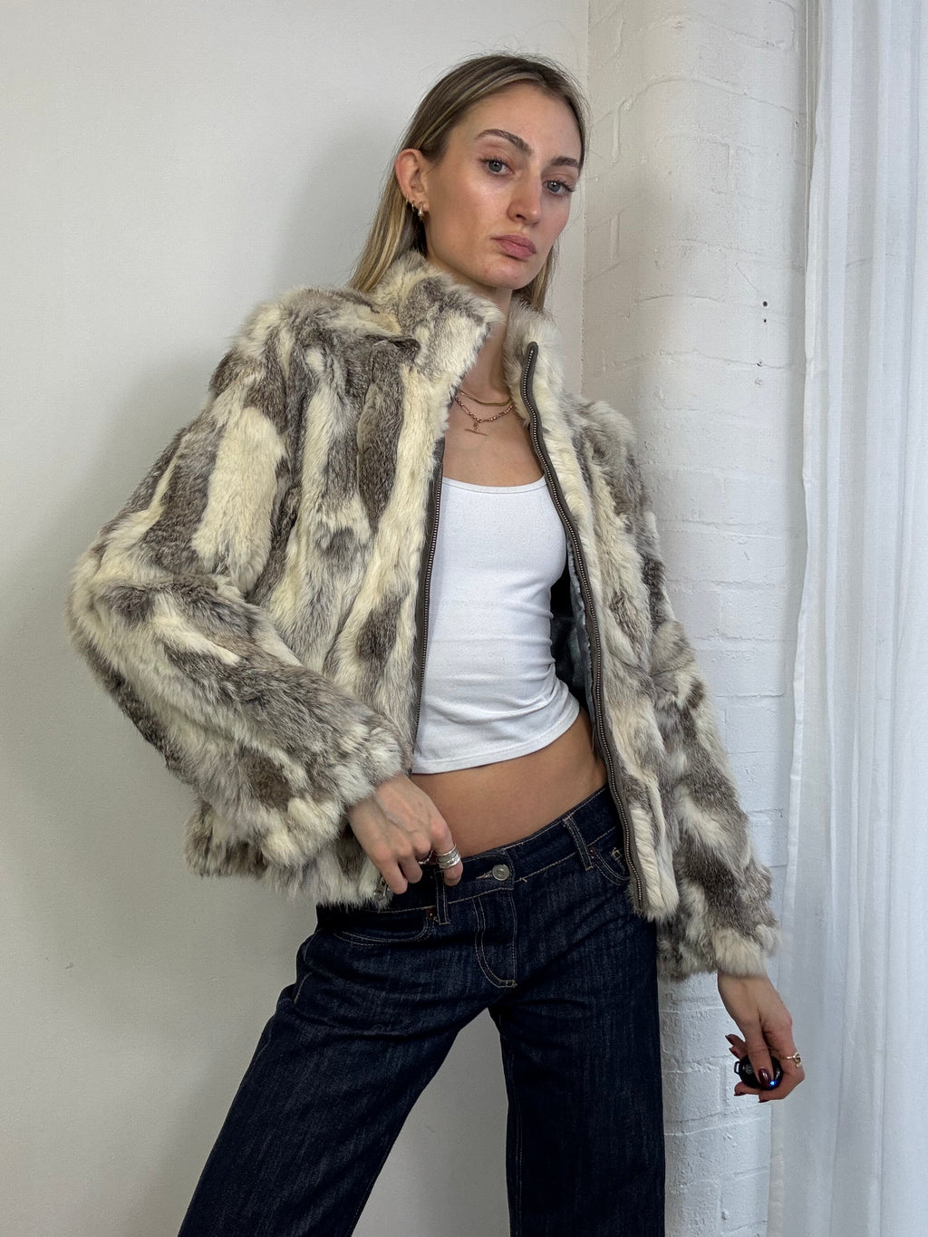 Vintage Y2K genuine fur zip up bomber jacket