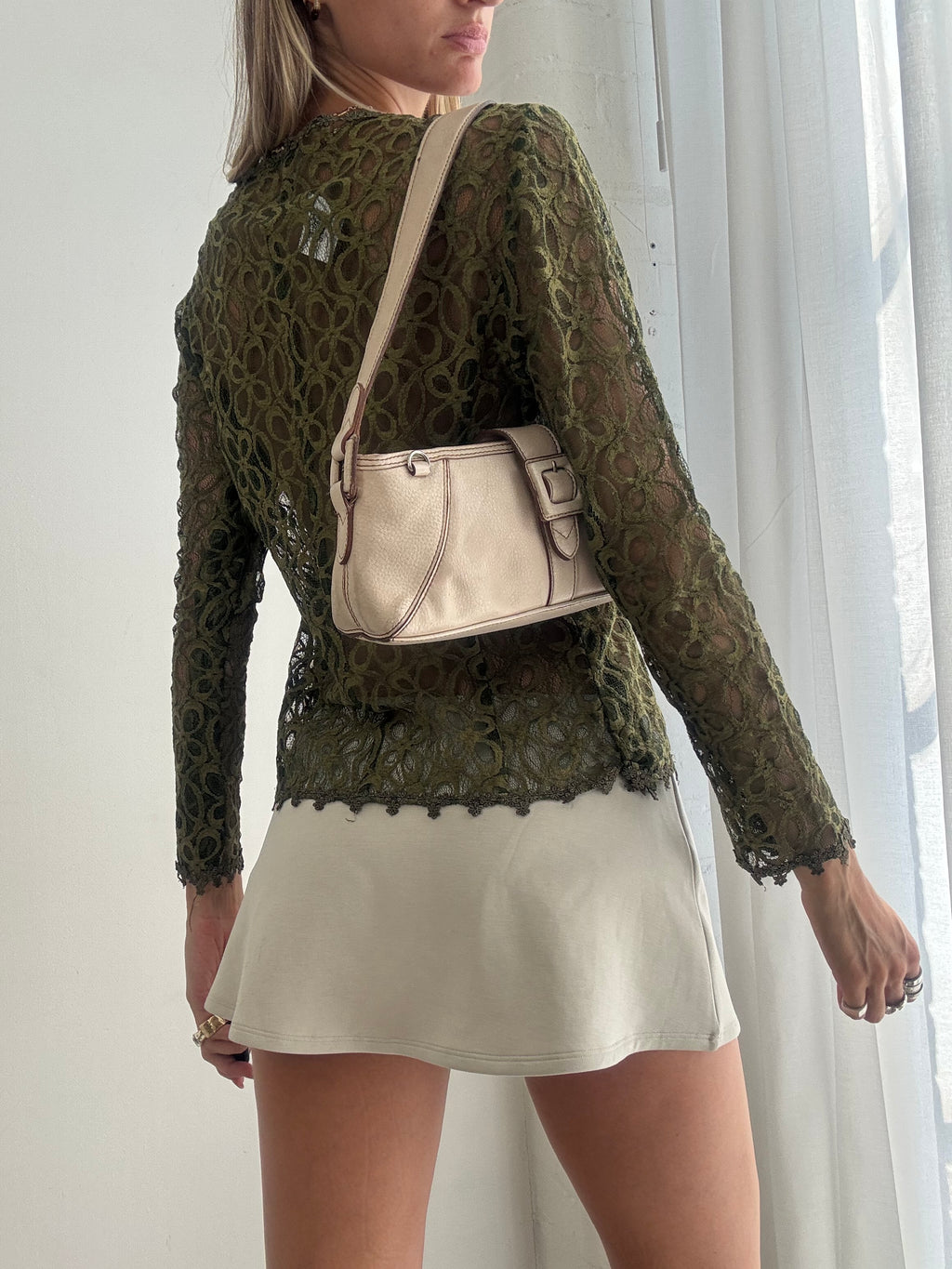 Vintage Y2K Khaki Green Lace Cardigan – Sheer Top - Size S