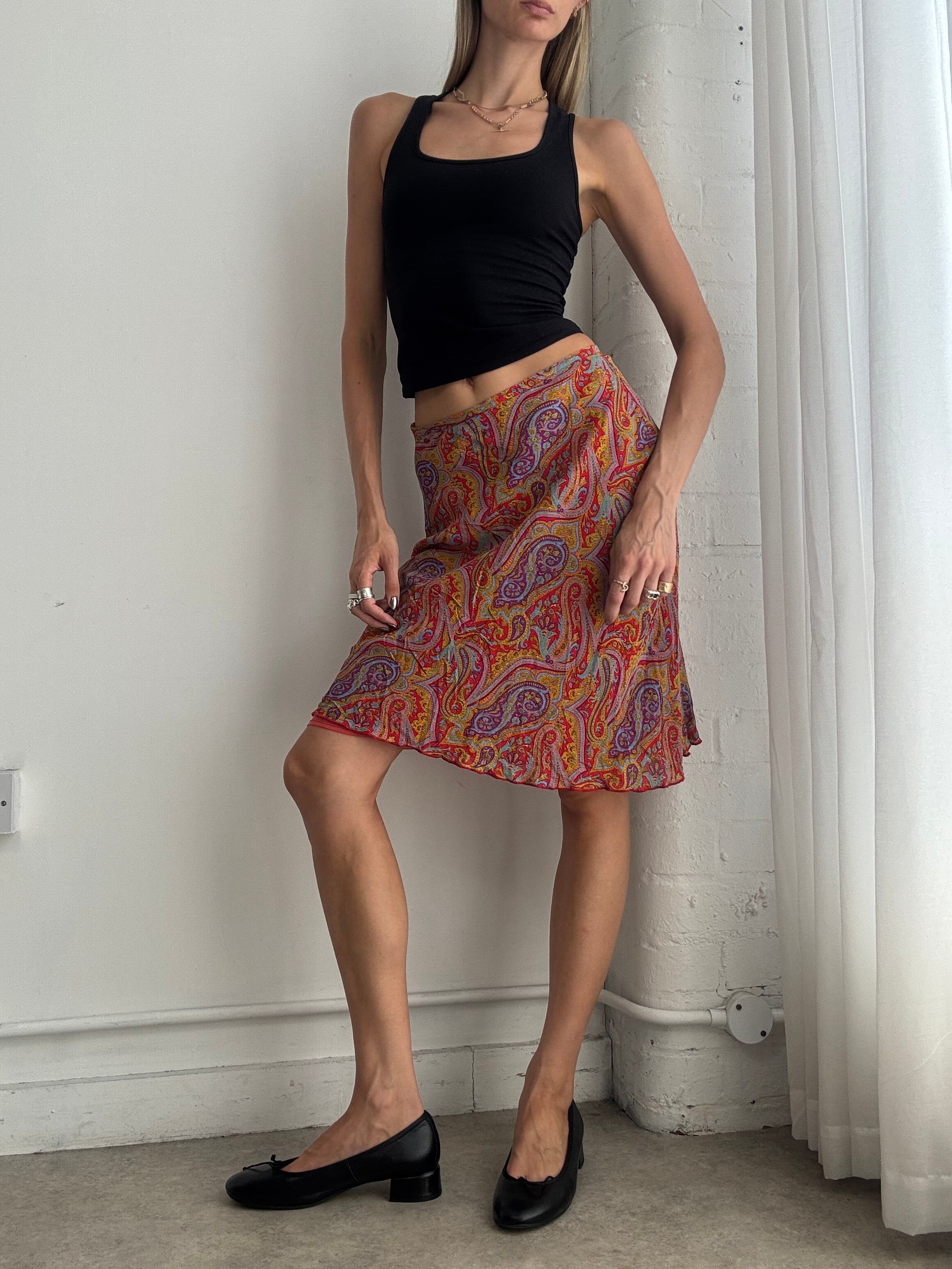 Vintage Y2K Paisley Print Midi Skirt – Orange Bias Cut Slip Skirt - Size XS