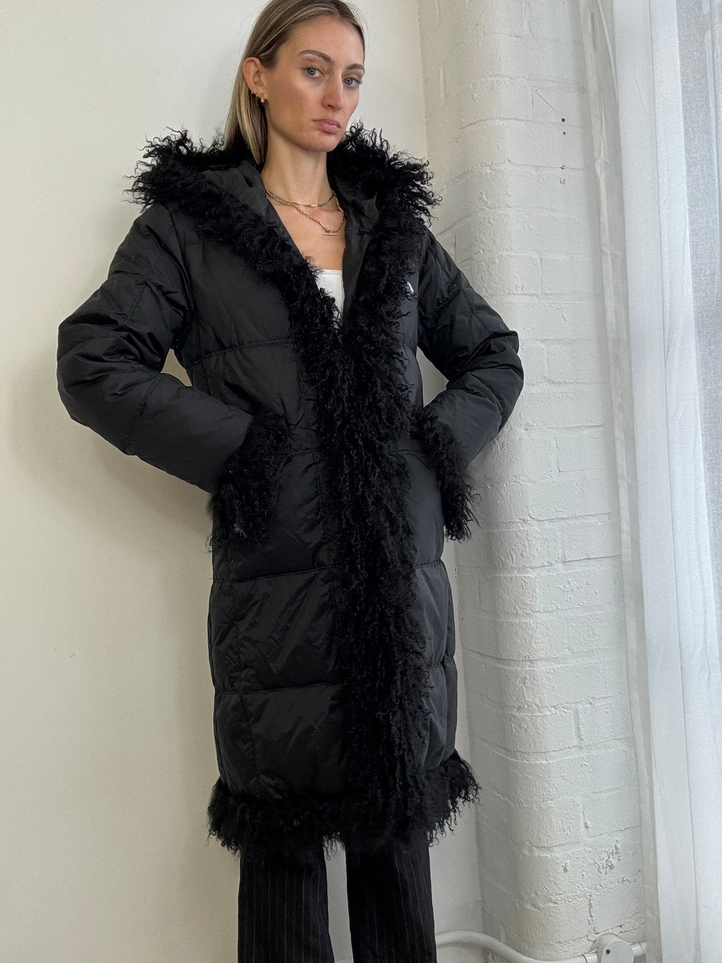 Vintage Y2K Mongolian fur trim hooded puffer coat