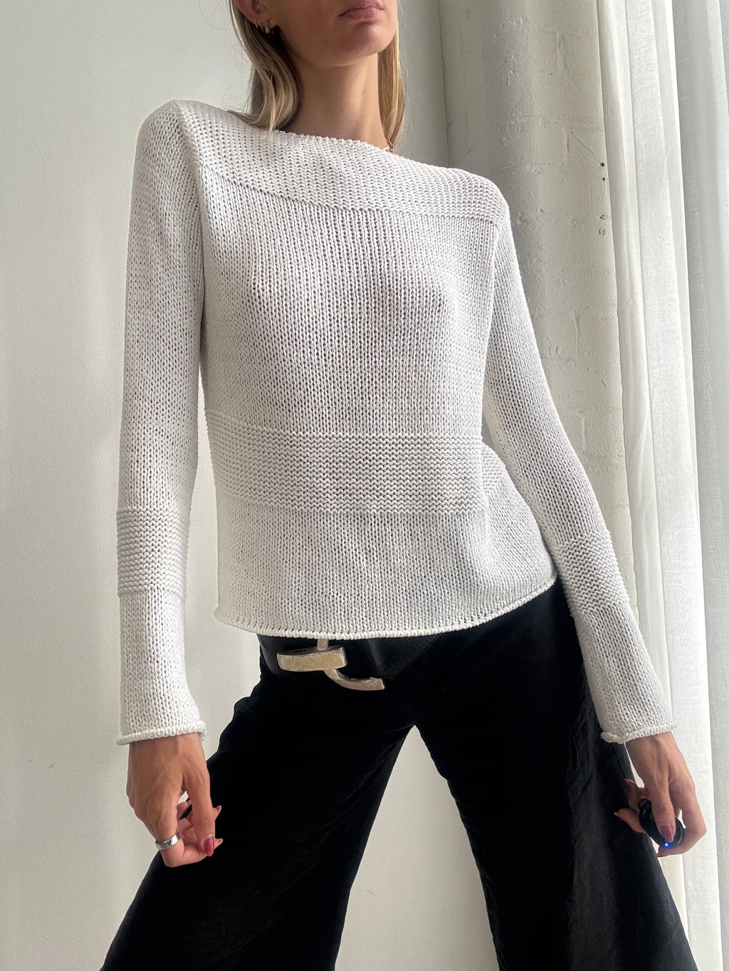 Vintage Y2K White Sheer Knitted Long Sleeve Top Jumper - Size M
