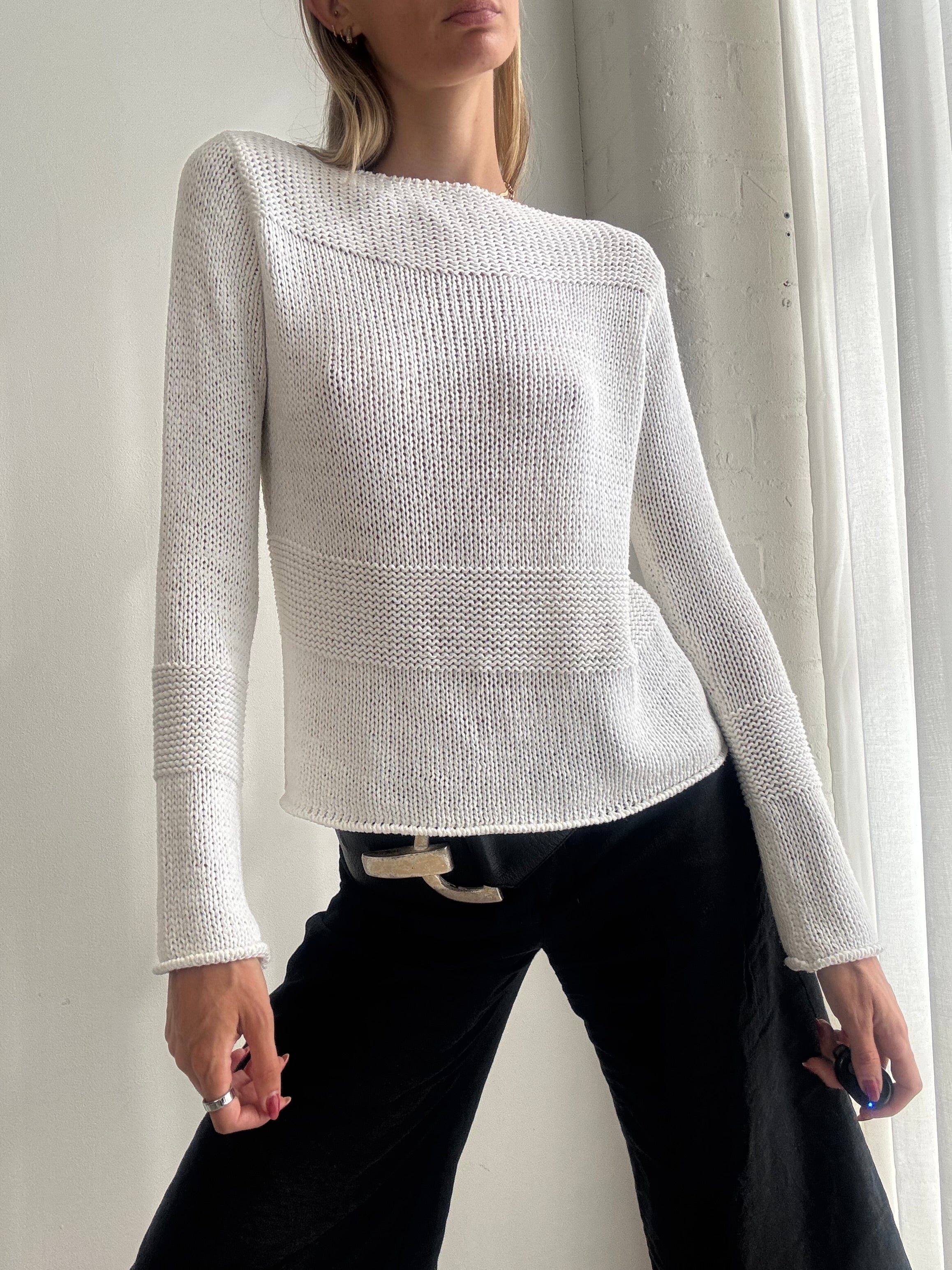 Vintage Y2K White Sheer Knitted Long Sleeve Top Jumper - Size M
