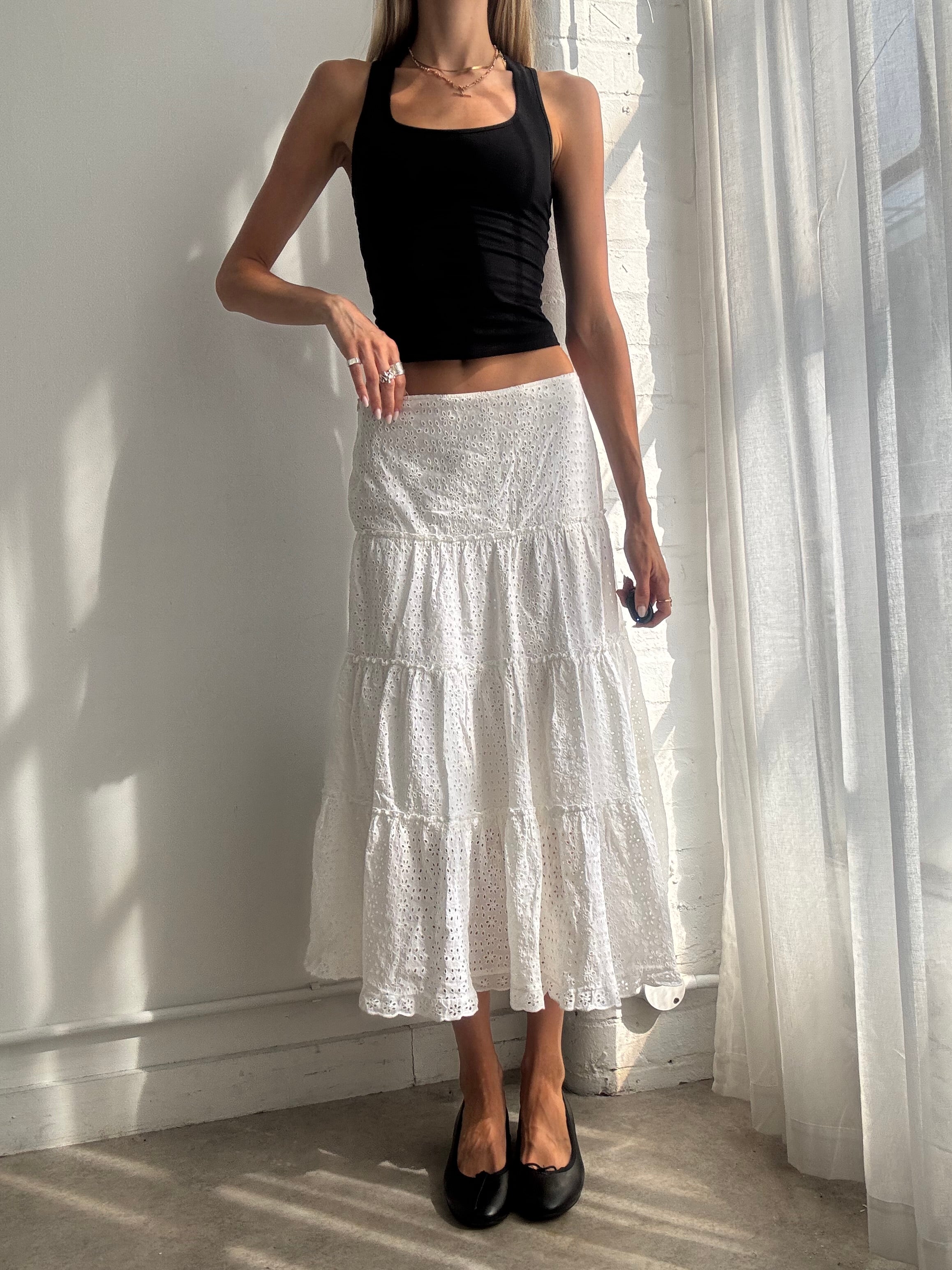 Vintage Y2K White Broderie Tiered Cotton Maxi Skirt - Size XS