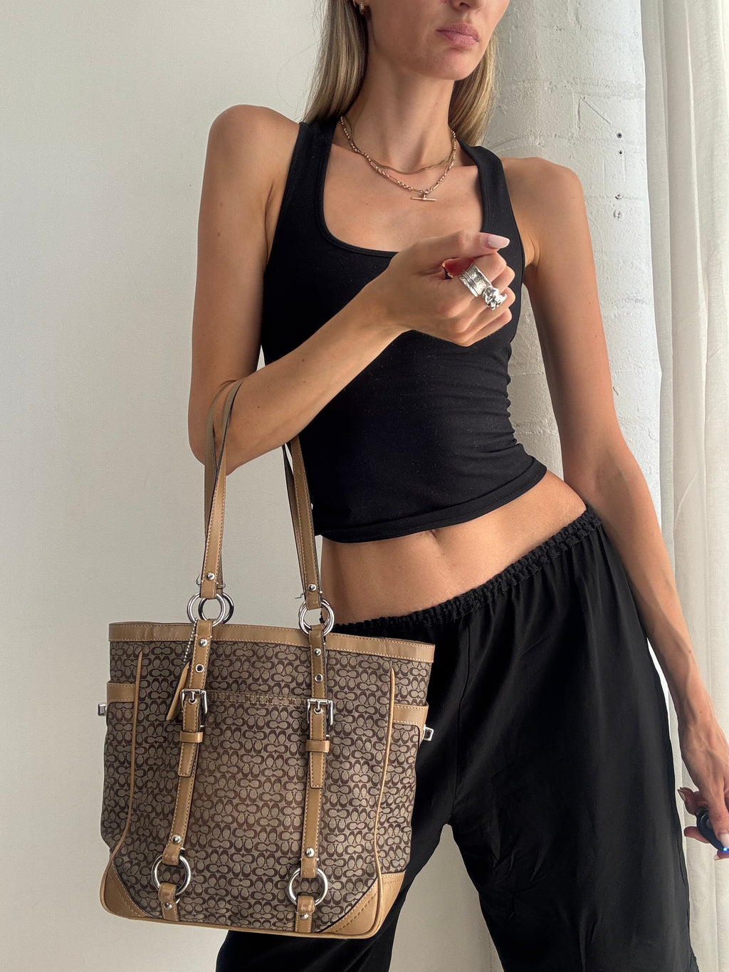 Vintage Y2K Coach Signature Tote Bag – Brown Monogram Canvas Leather Shoulder Bag