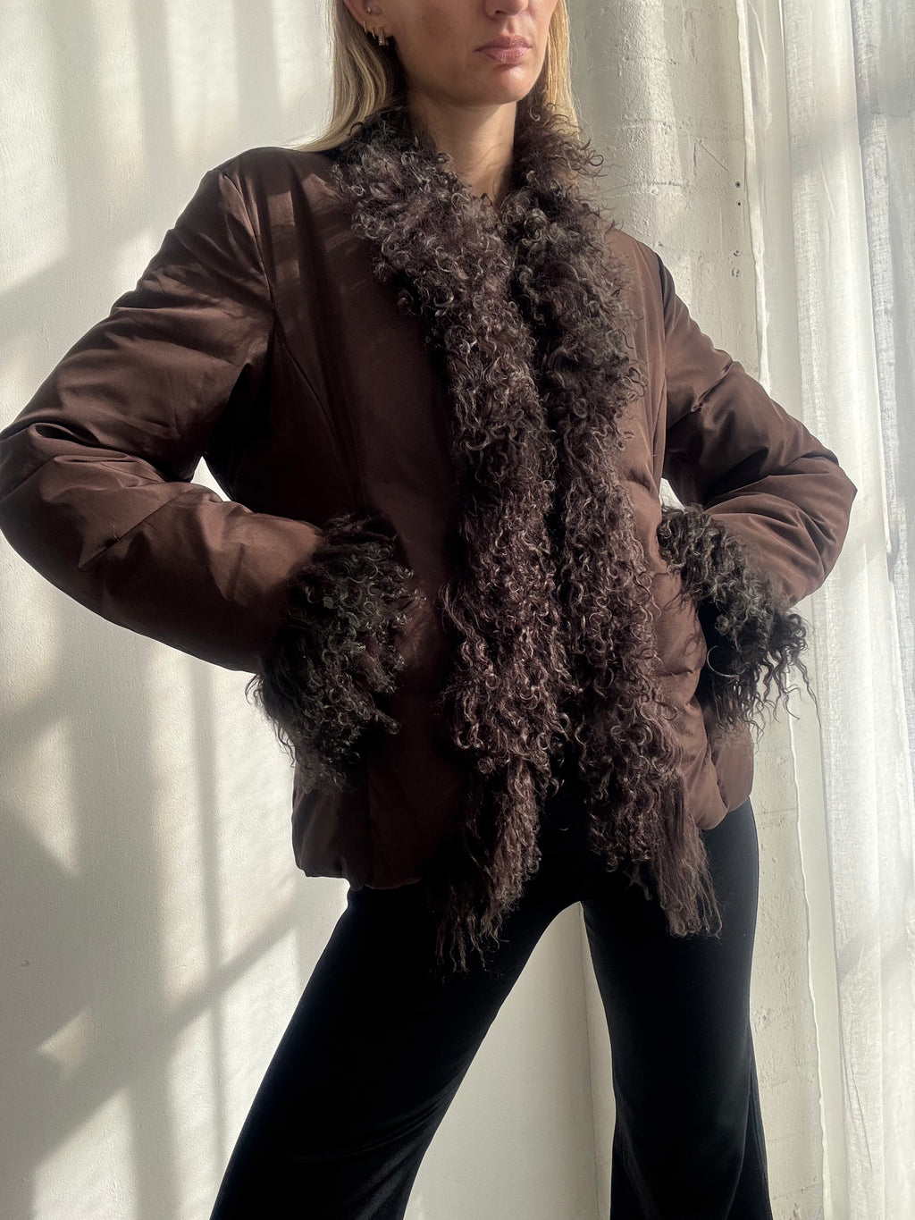 Vintage Y2K Brown Mongolian Fur Trim Penny Lane Jacket - Size S