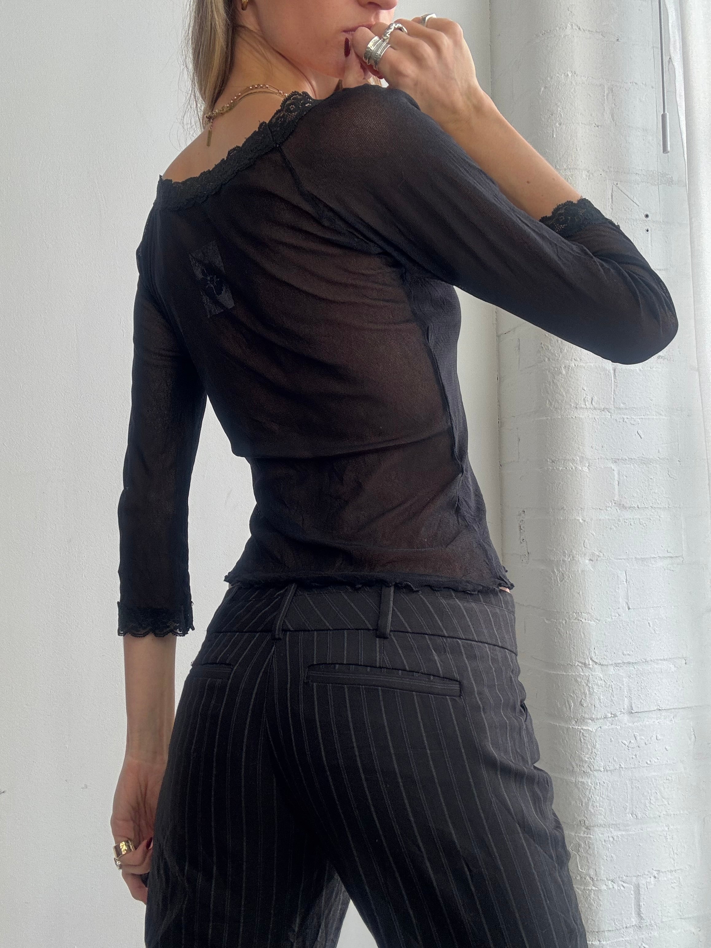 Vintage Y2K sheer black mesh and lace top