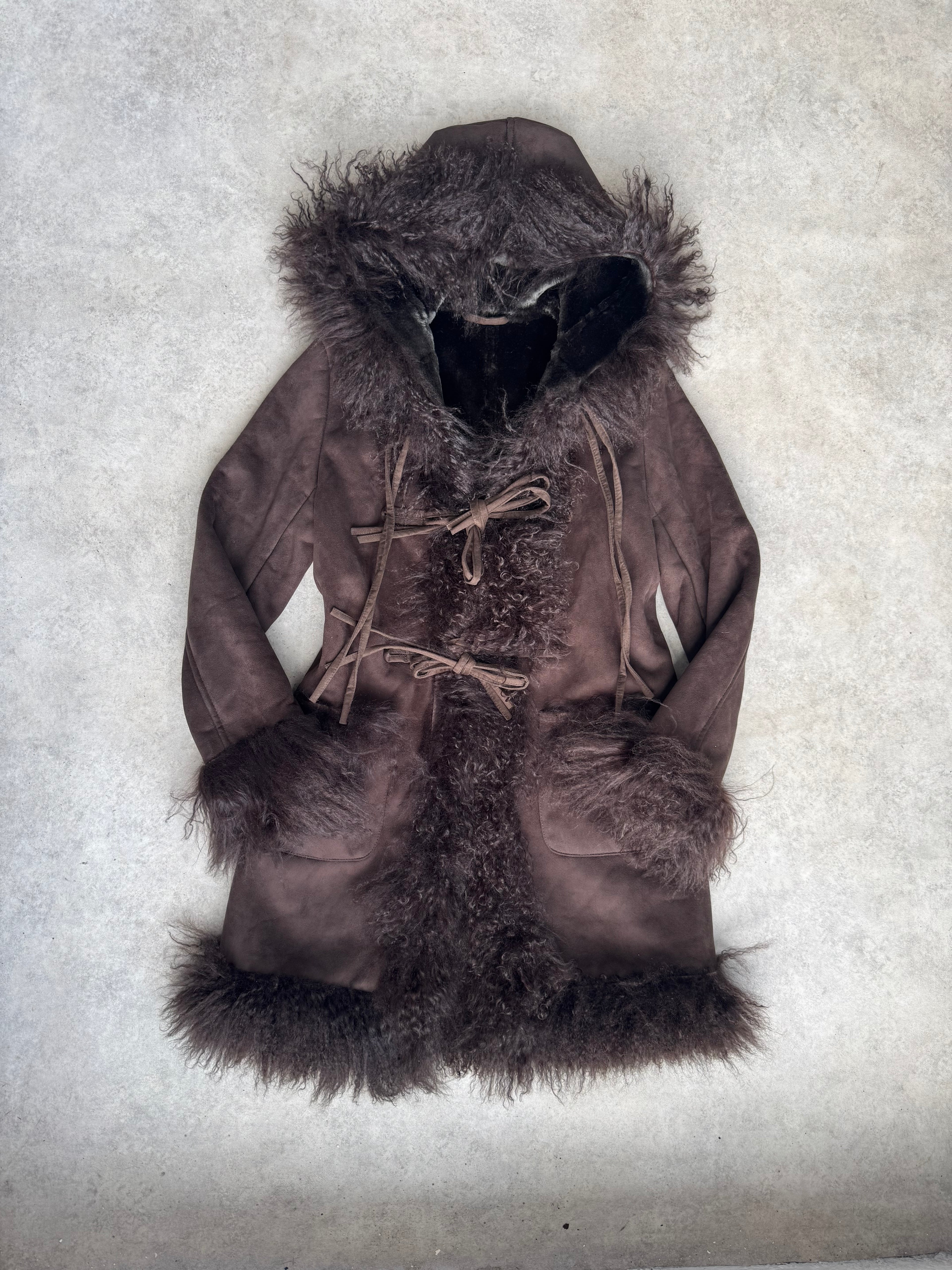 Vintage Y2K hooded Mongolian fur trim coat
