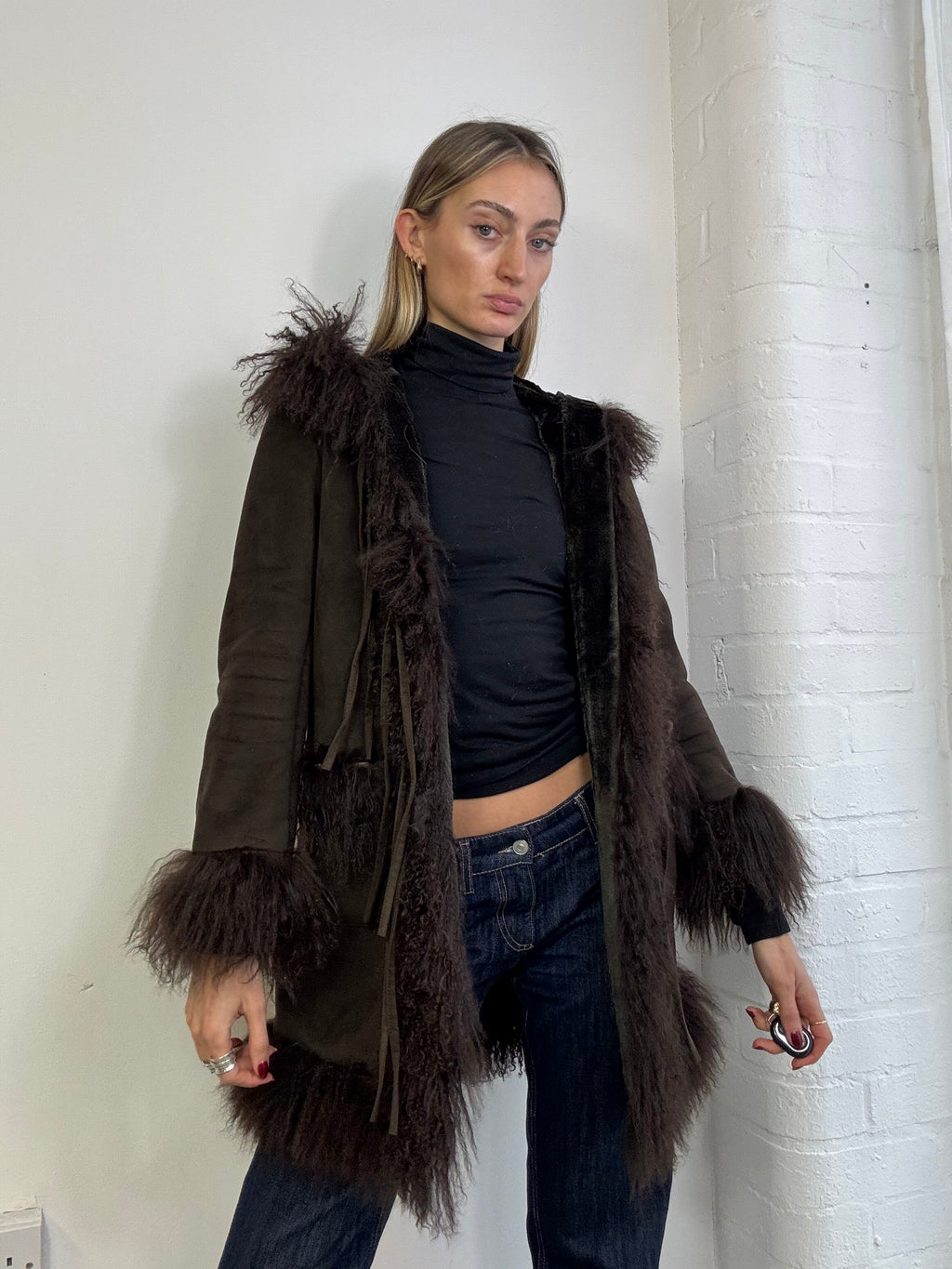 Vintage Y2K hooded Mongolian fur trim coat