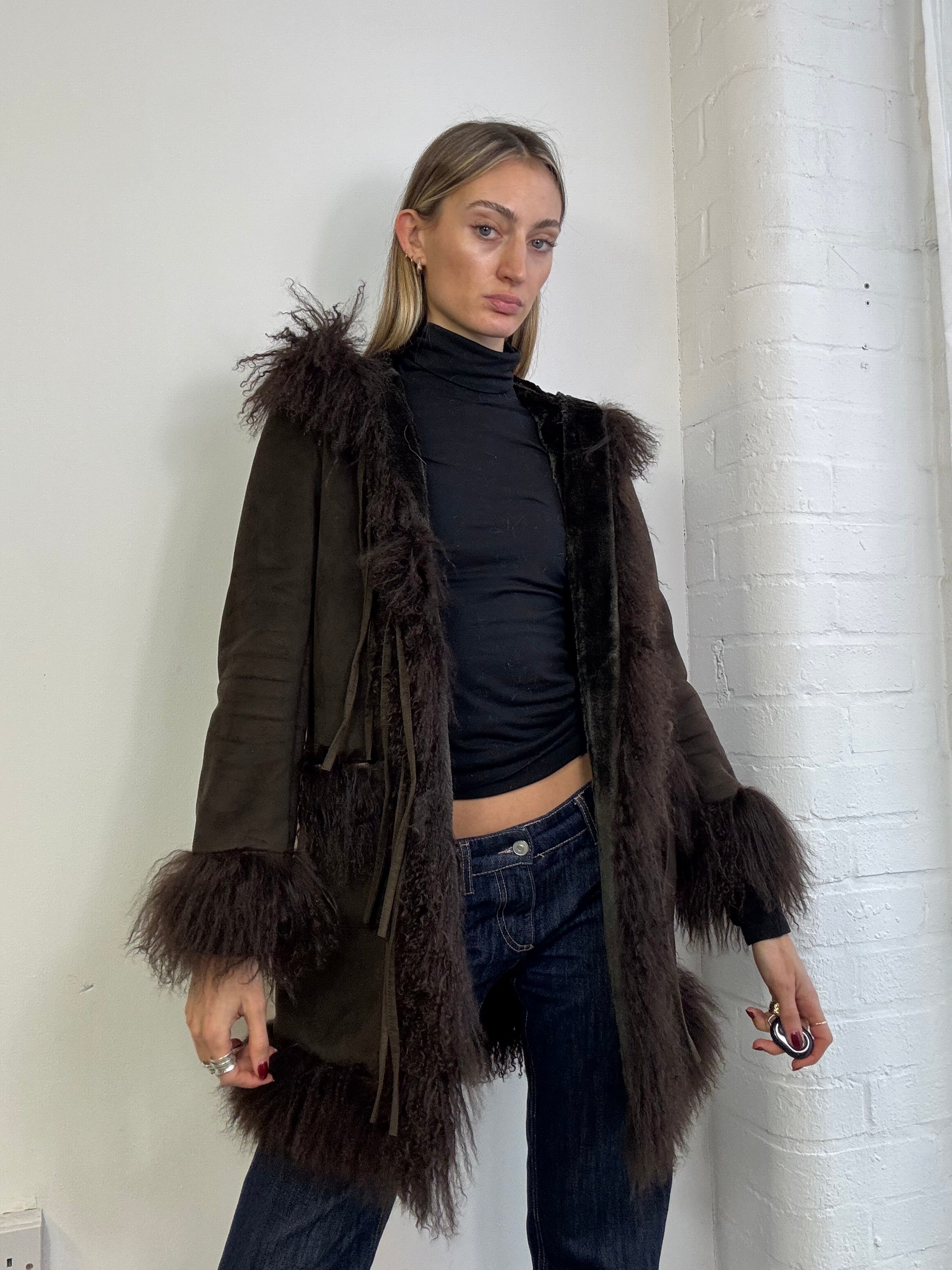 Vintage Y2K hooded Mongolian fur trim coat