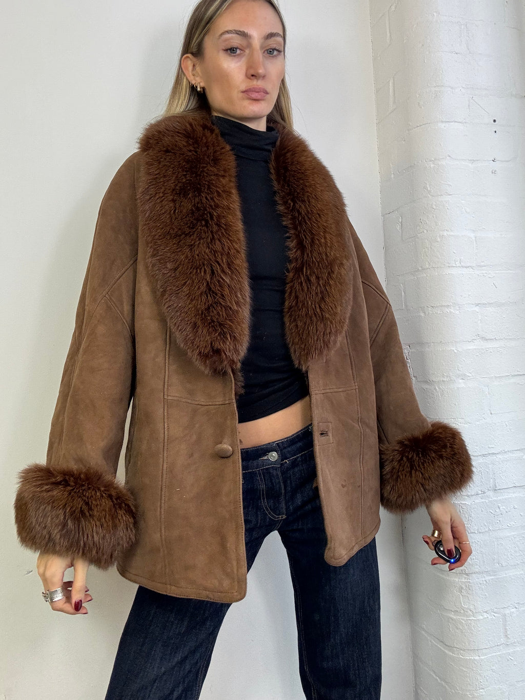 Vintage 90s sheepskin coat with fox fur trim