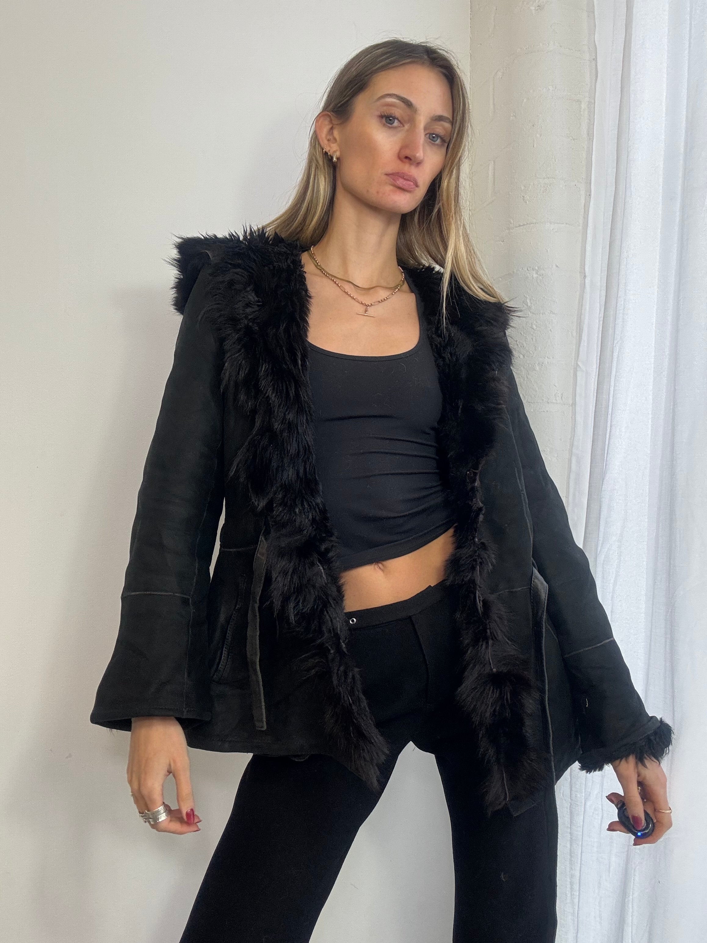 Vintage Y2K black suede sheepskin hooded coat fur trim