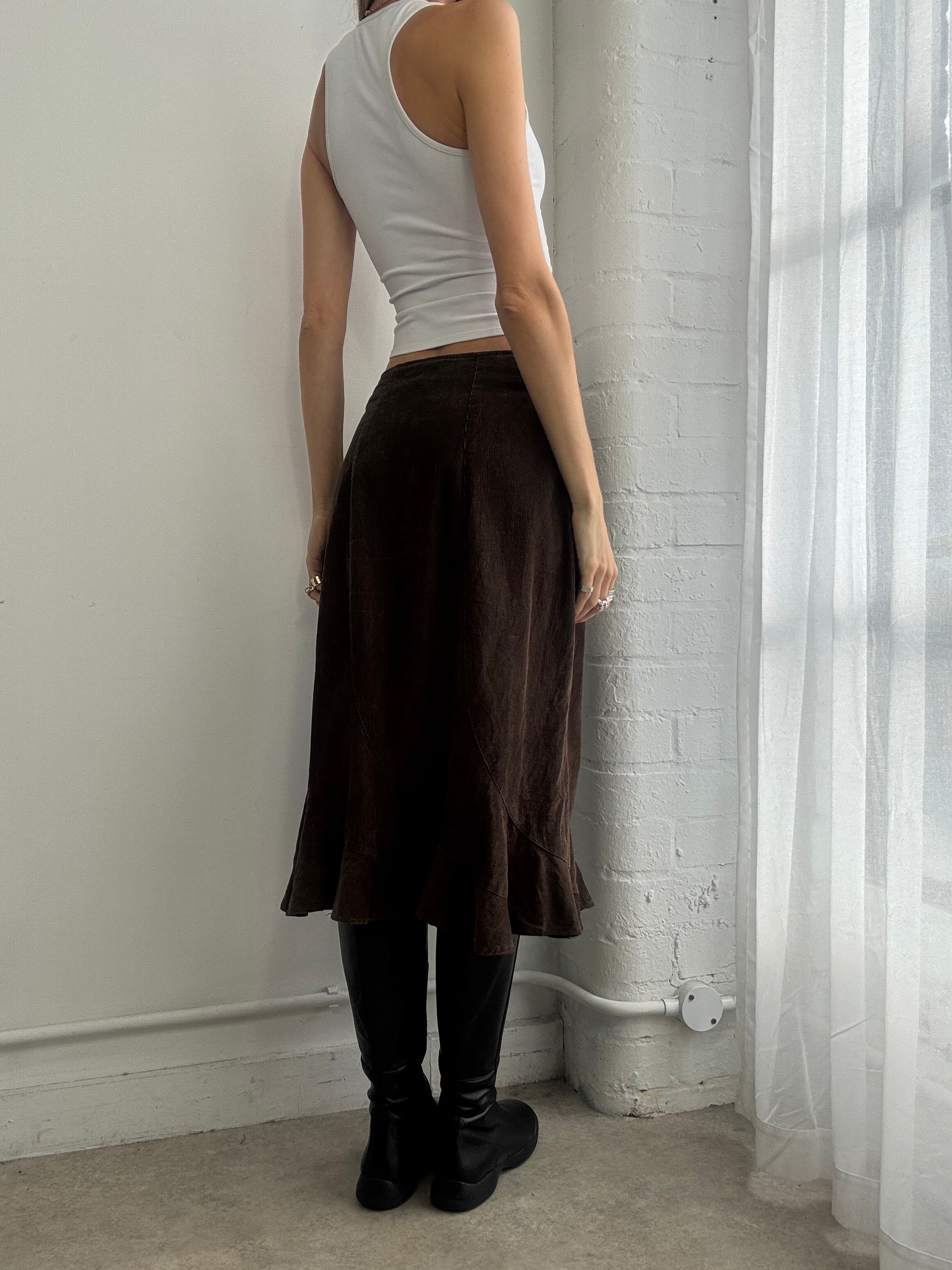 Vintage Y2K brown corduroy ruffle midi skirt