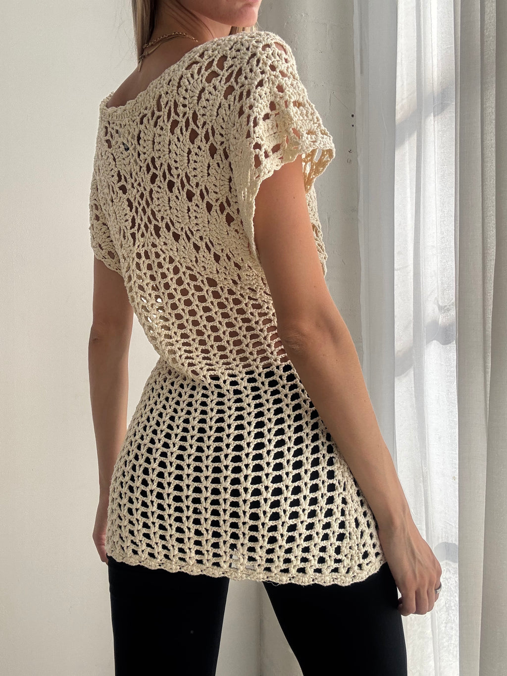 Vintage 90s Cream Crochet Button Up Top - Size S