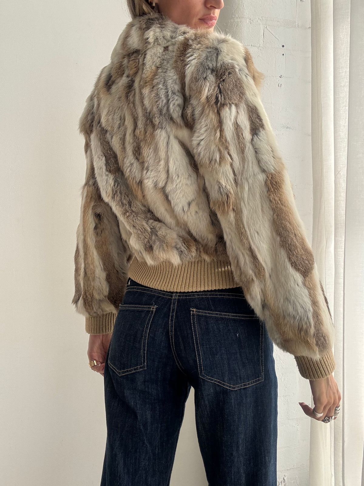 Vintage Y2K Beige Patchwork Fur Cropped Bomber Jacket - Size XS