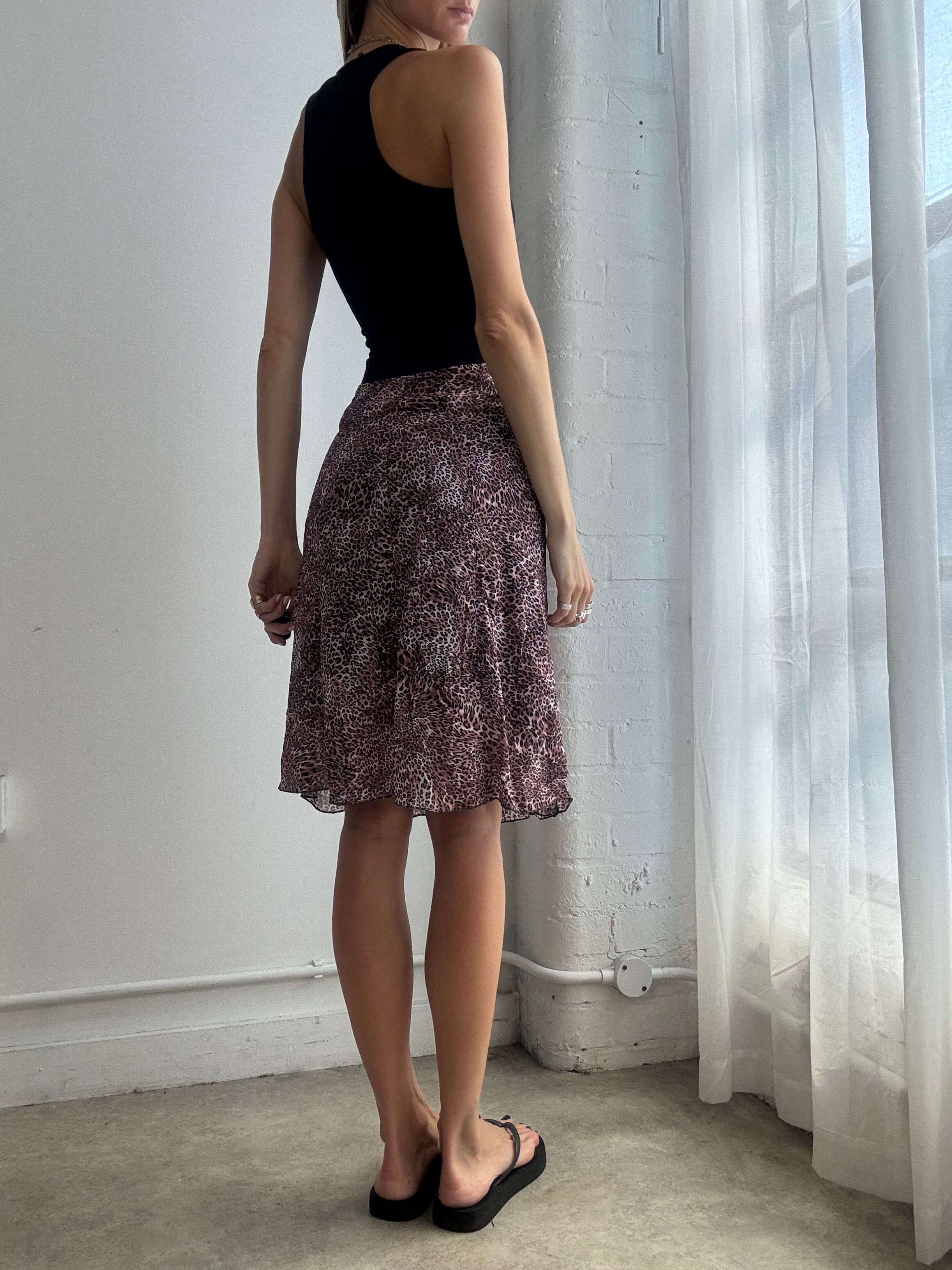 Vintage Leopard Print Mesh Midi Skirt Y2K Fairy Grunge - Size XS
