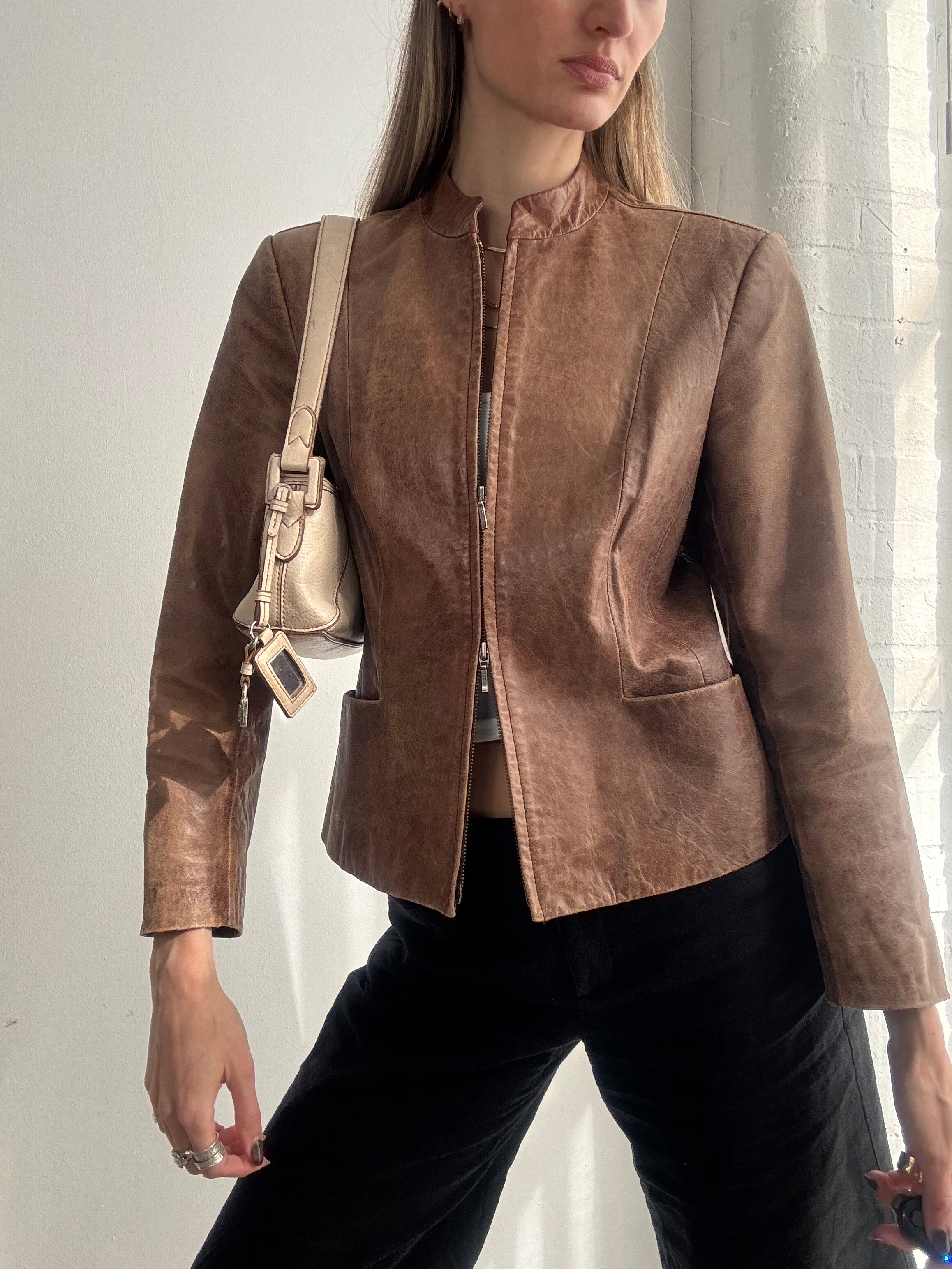 Vintage Y2K brown fitted dual zip leather jacket - Size S