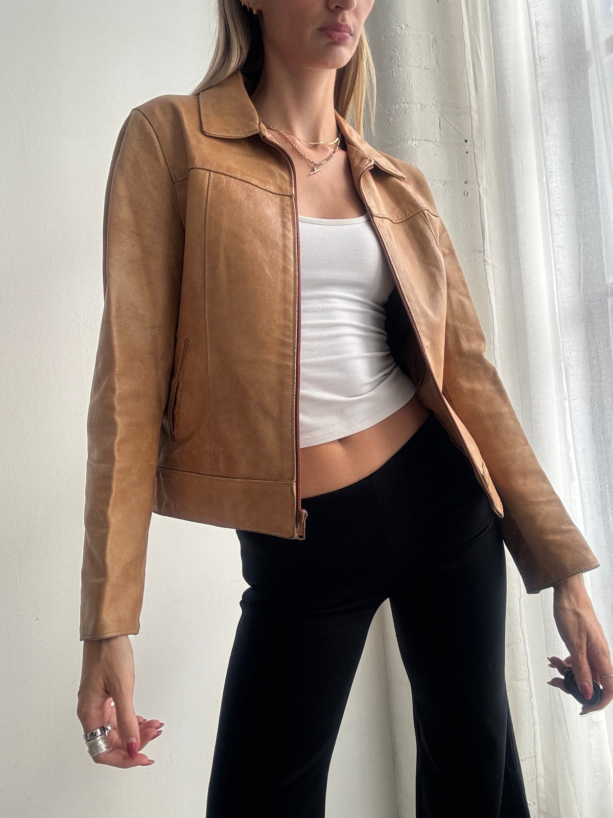 Vintage Y2K Tan Brown Leather Zip Up Jacket - Size S