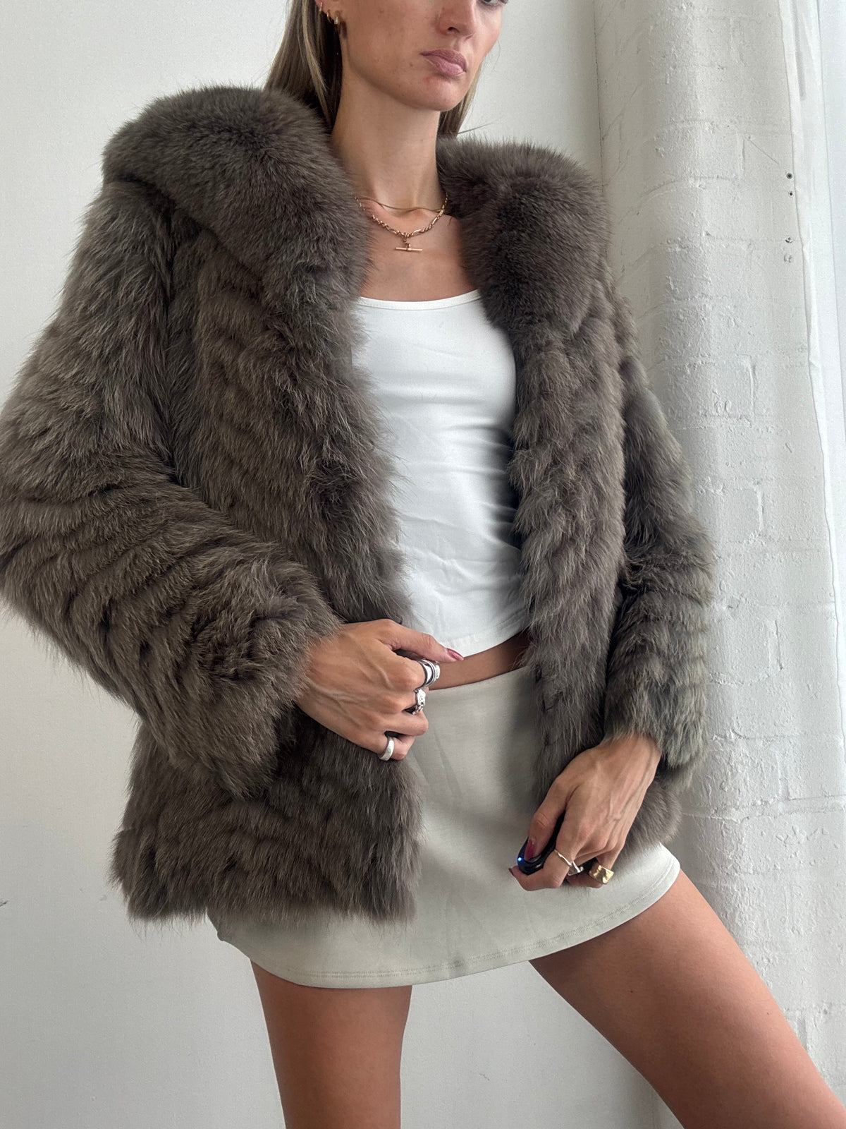 Vintage 90s Taupe Brown Real Fox Fur Jacket - Size S