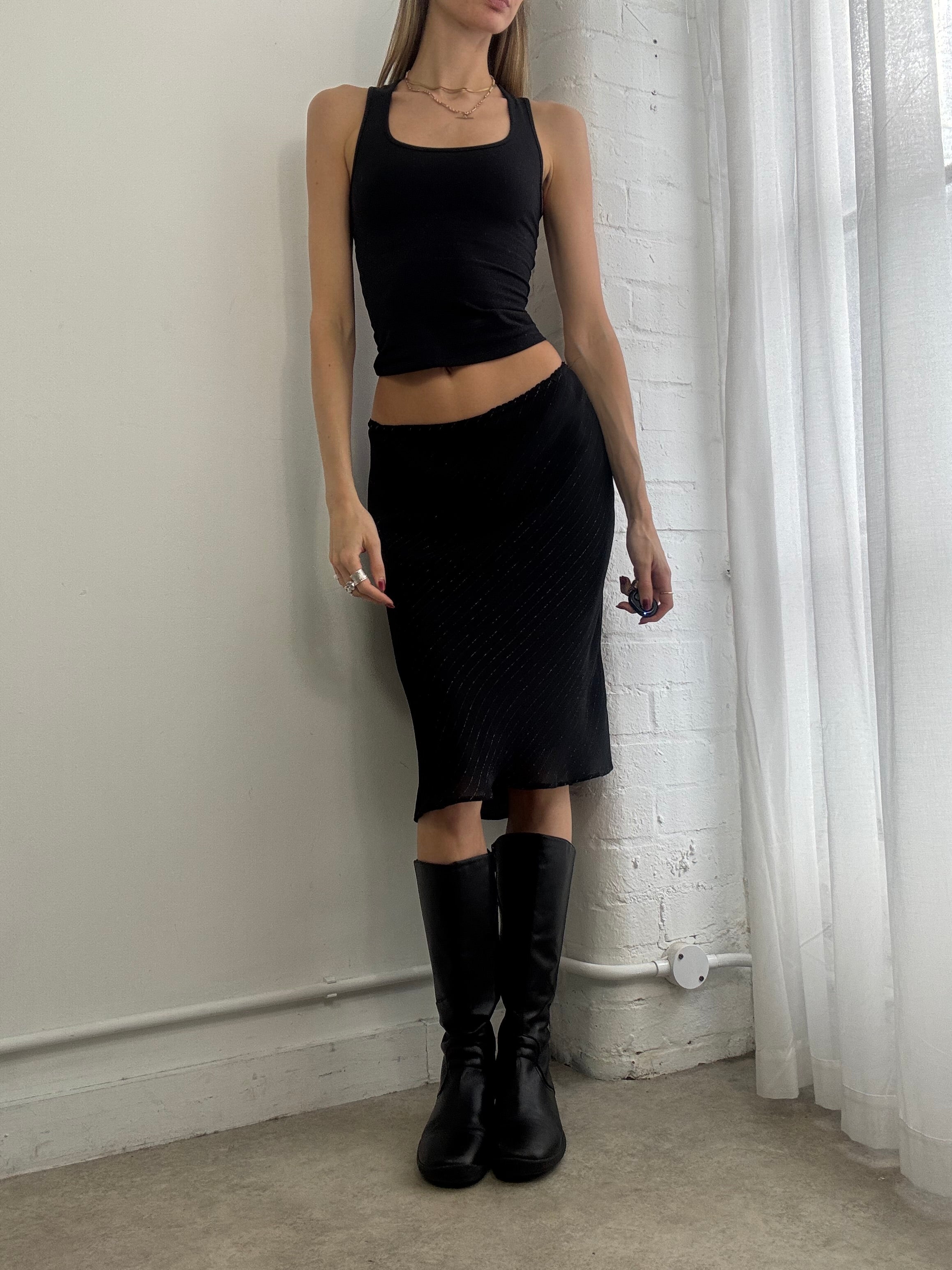 Vintage Y2K black pinstripe mesh midi skirt