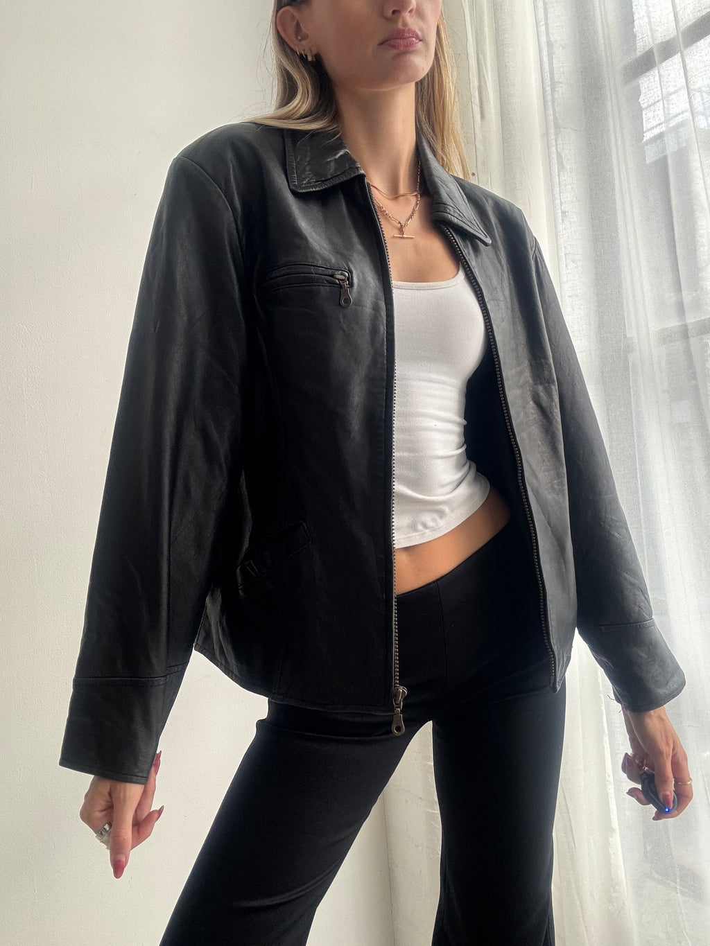 Vintage Y2K Black Leather Zip Up Jacket - Size L
