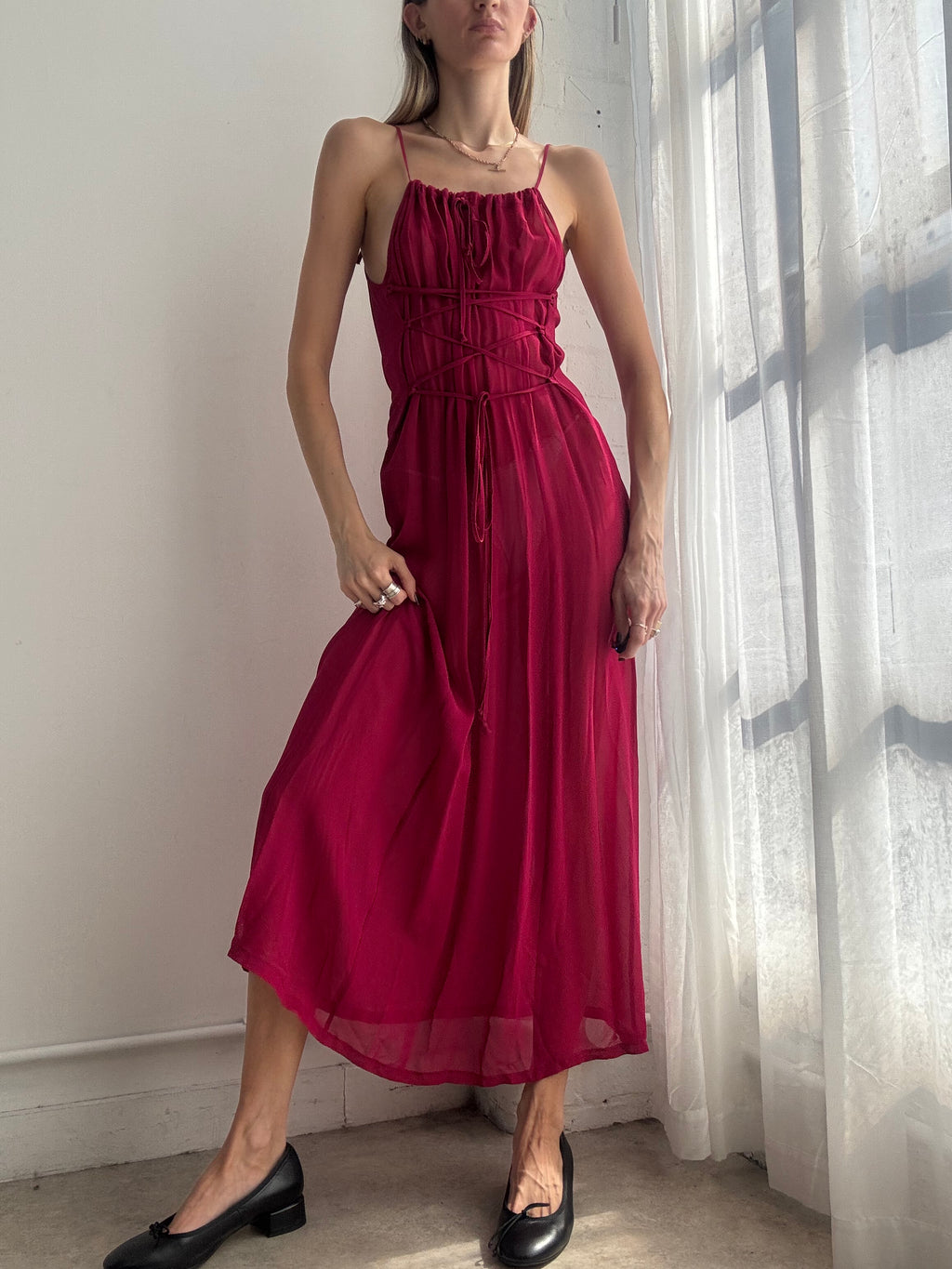 Vintage Y2K raspberry pink lace up chiffon maxi dress - Size S