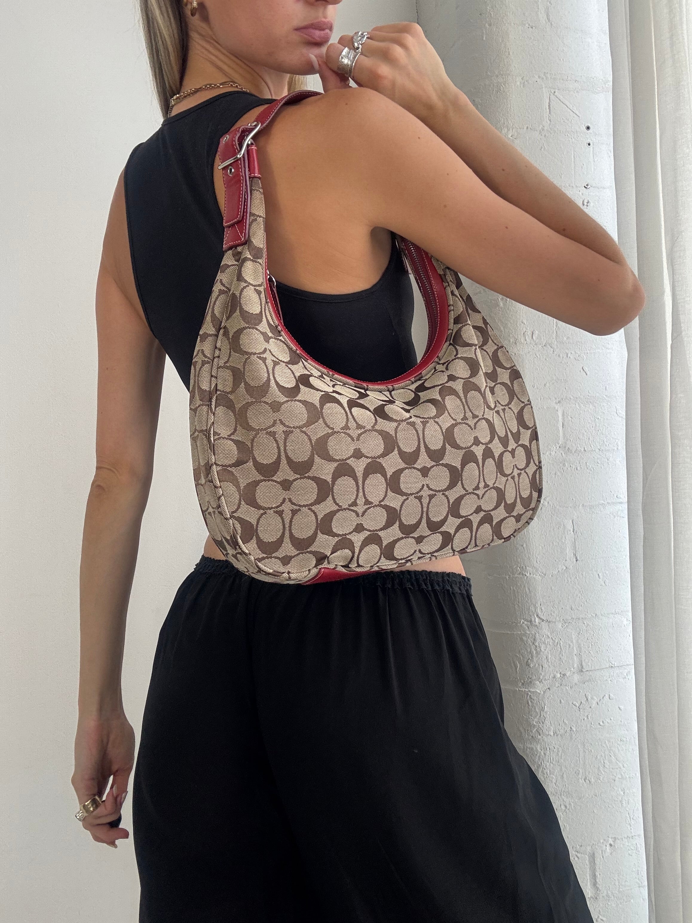 Vintage Y2K Coach Signature Soho Hobo Bag – Brown Monogram Canvas & Red Leather Trim