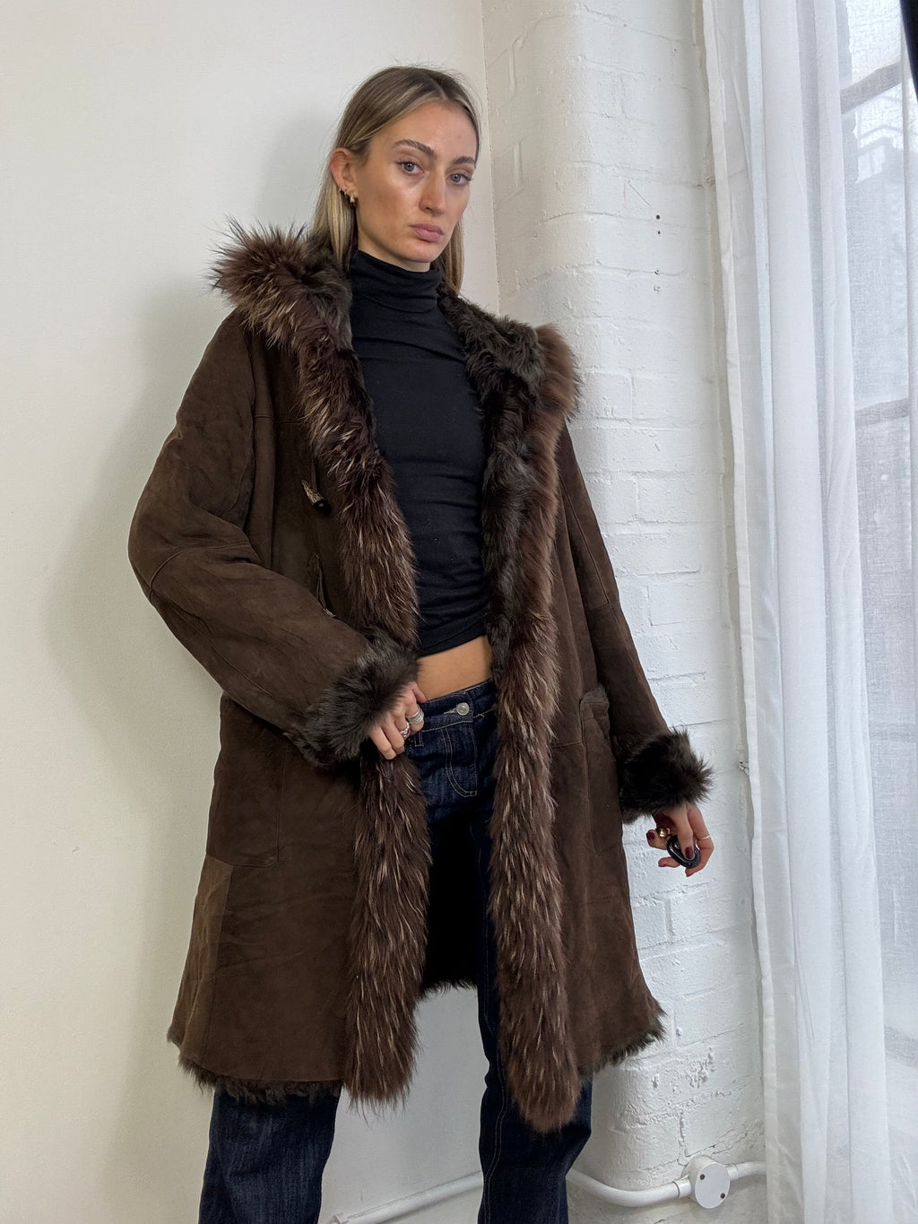 Vintage Y2K sheepskin hooded coat brown