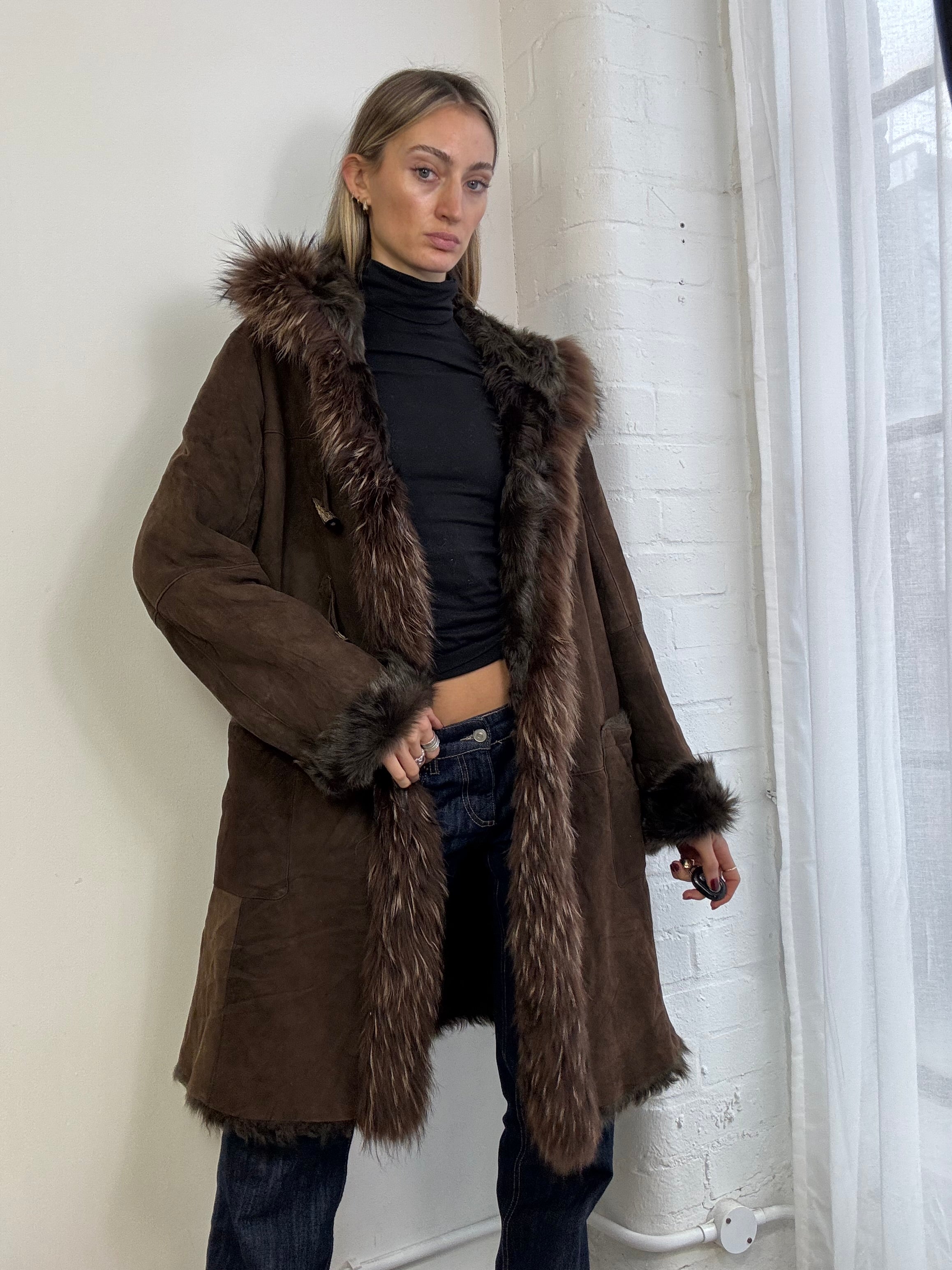 Vintage Y2K sheepskin hooded coat brown