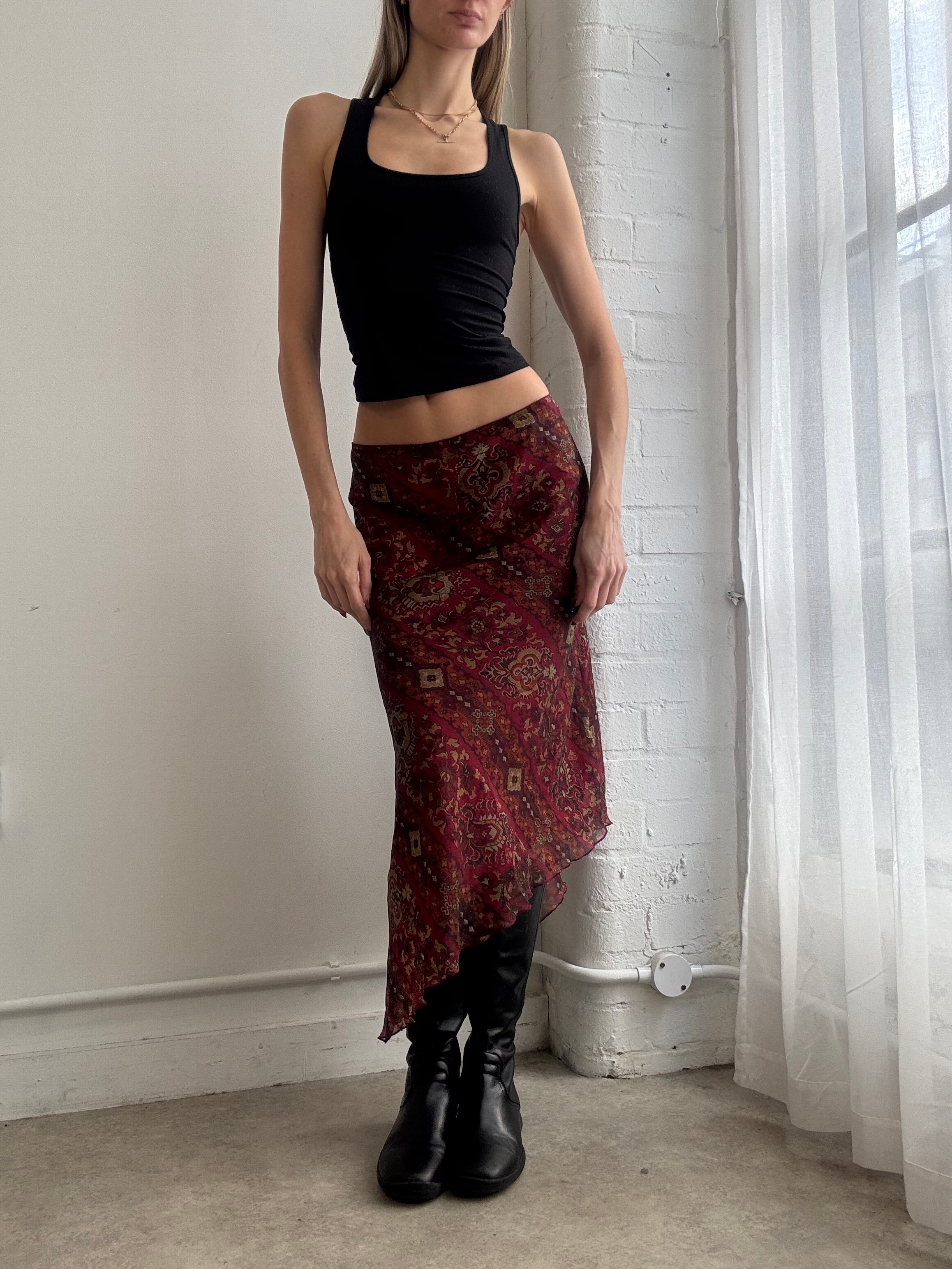 Vintage Y2k burgundy asymmetric mesh midi skirt