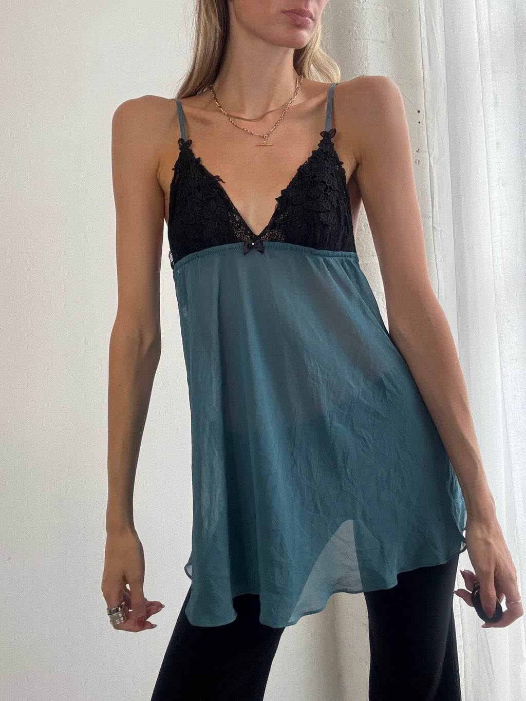 Vintage Y2K Teal & Black Lace Babydoll Cami Top - Size M