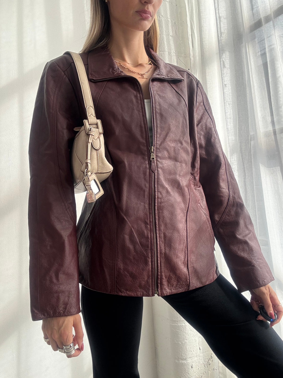 Vintage Y2K Burgundy Leather Zip Up Jacket - Size L