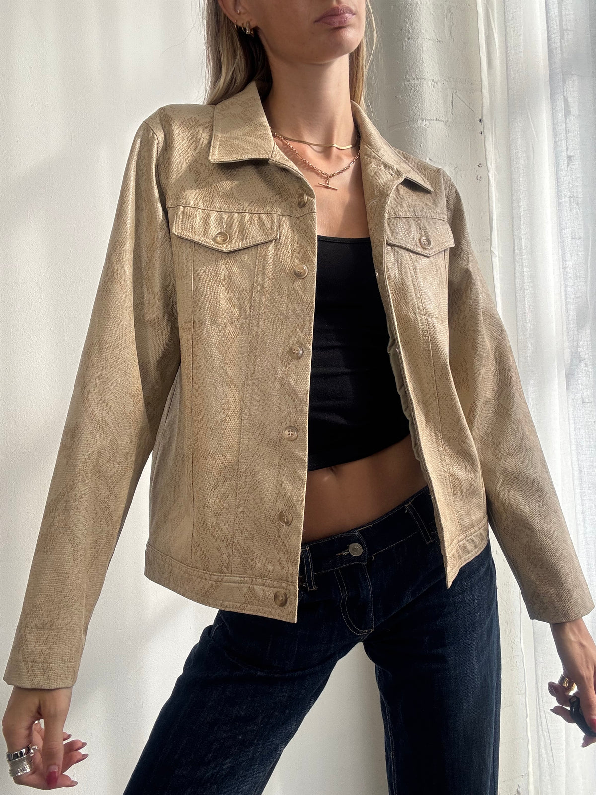 Vintage Y2K Beige Snake Print Faux Leather Jacket - Size S