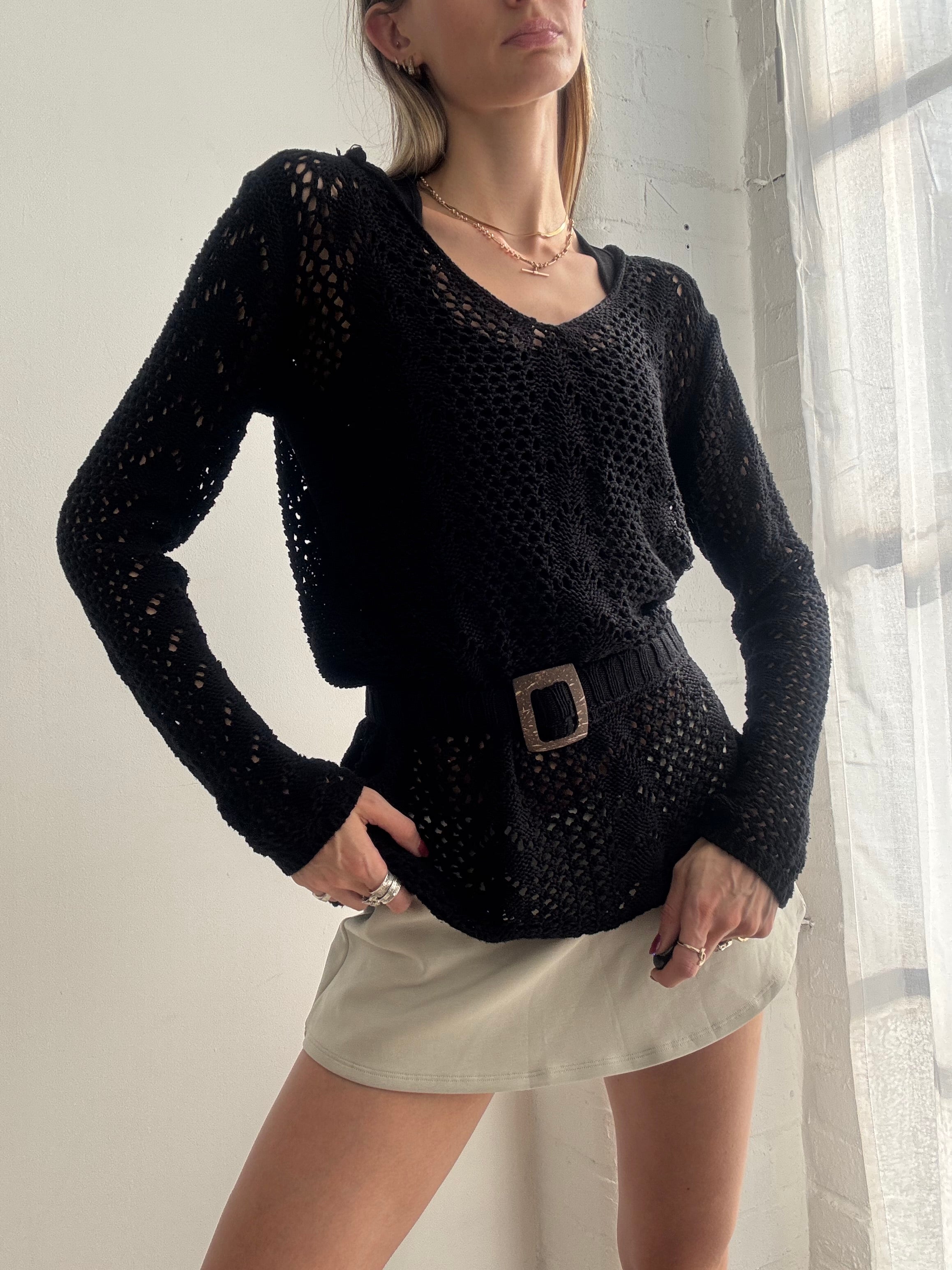 Vintage Y2k Crochet Knit Hooded Jumper Black Belted