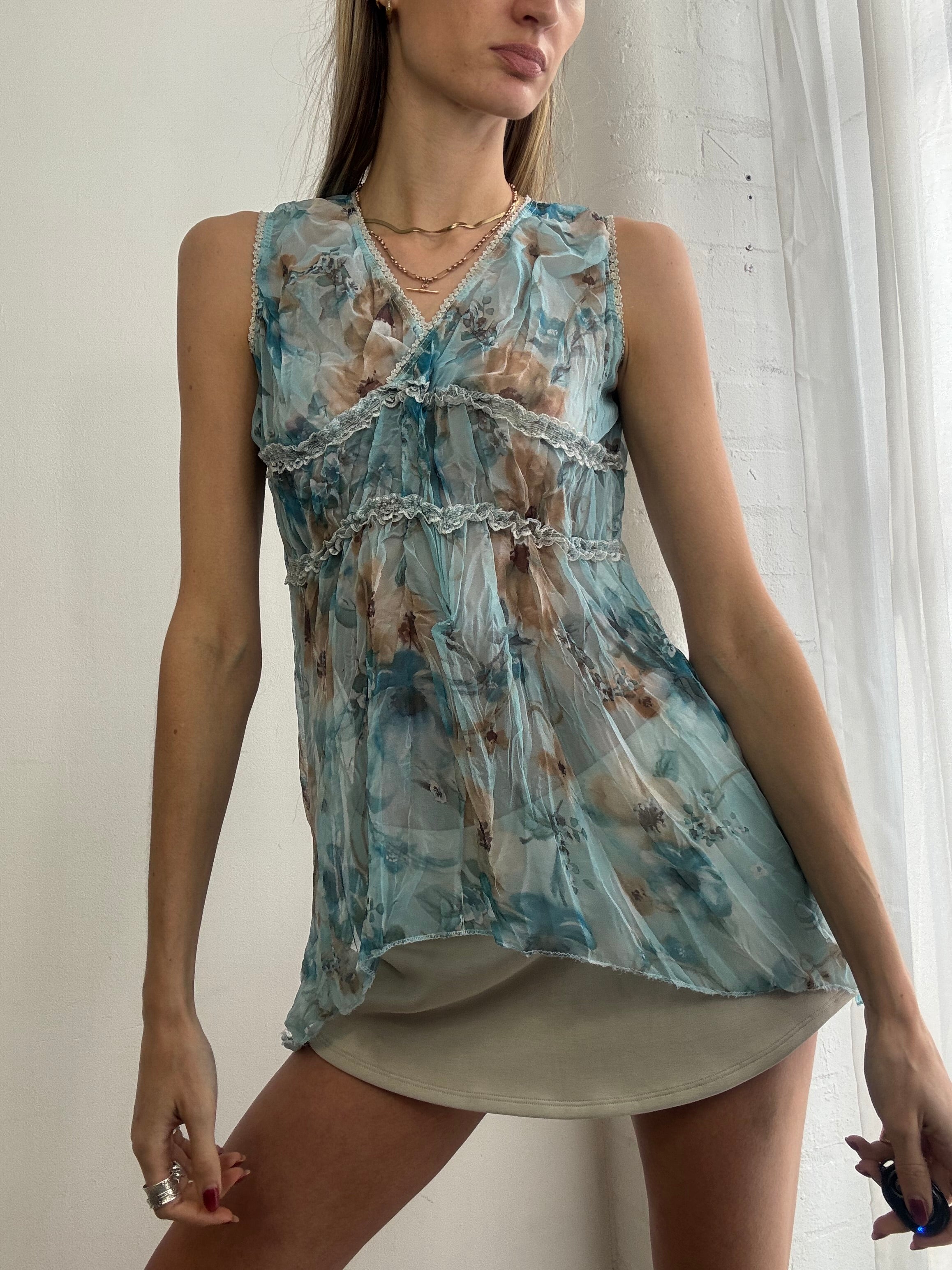 Vintage Y2K sheer floral chiffon top blue