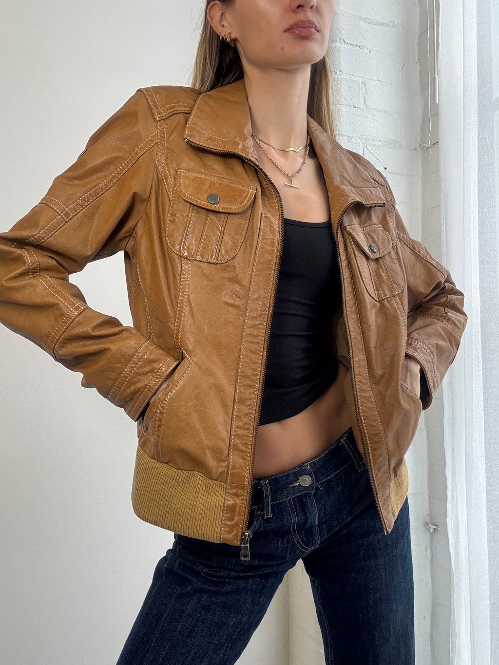 Vintage Y2K tan leather bomber jacket