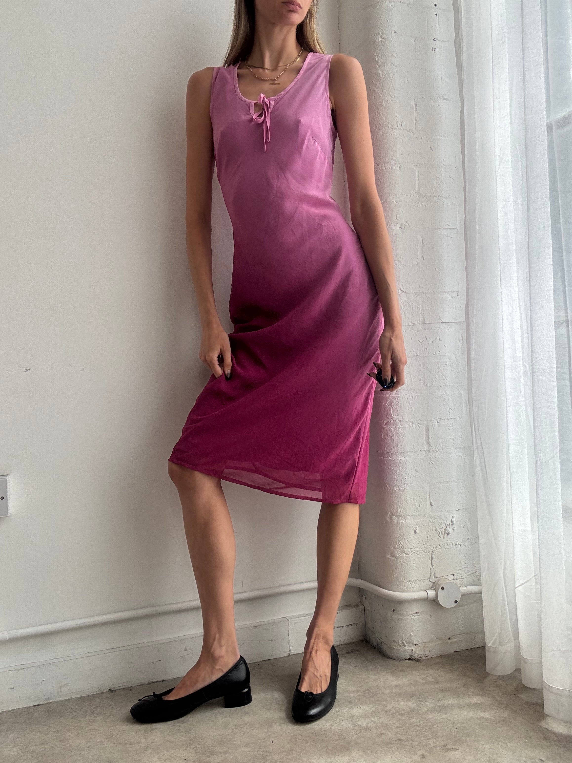 Vintage Y2K pink ombre mesh slip midi dress - Size S