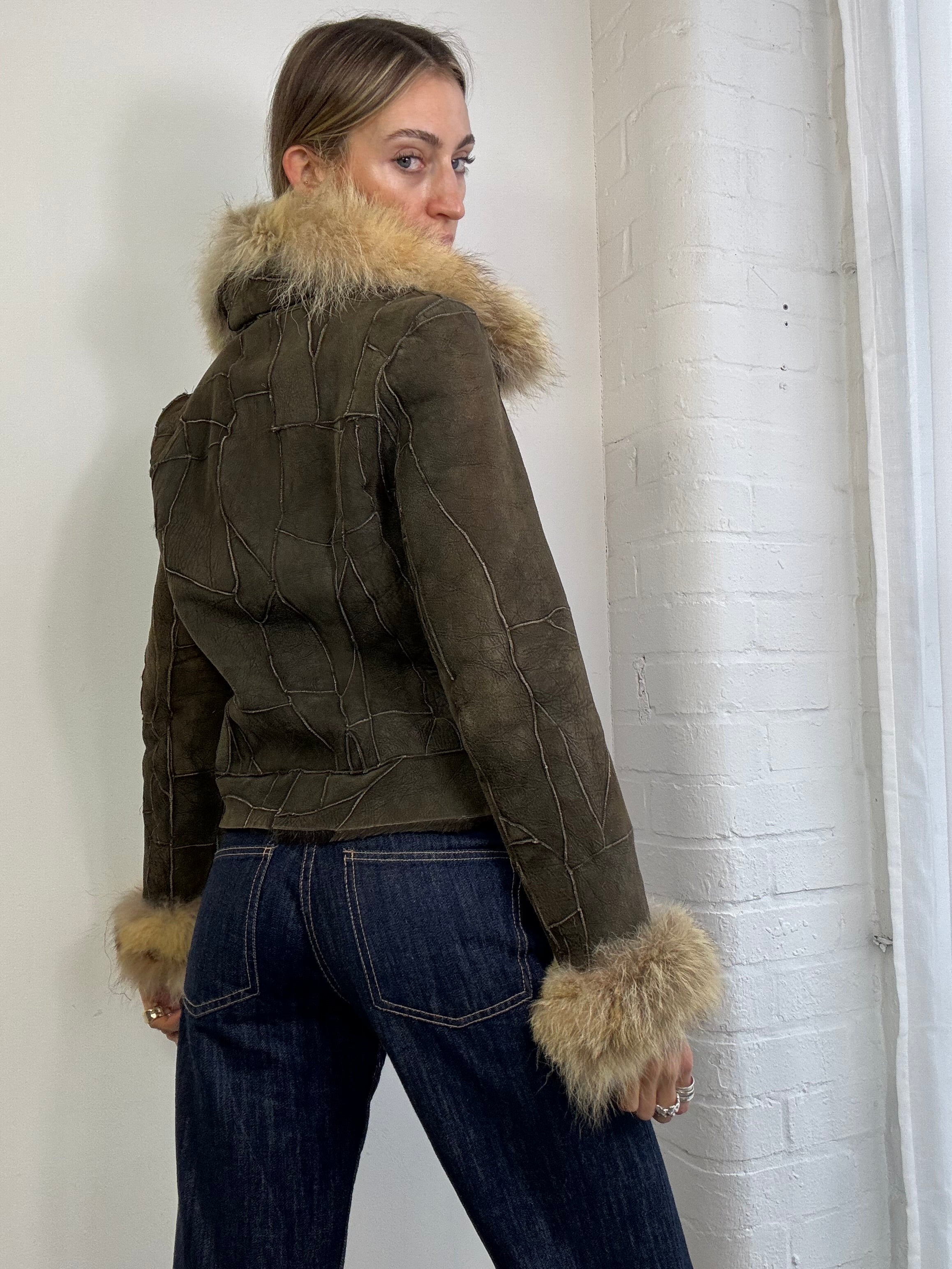 Vintage Y2K patchwork suede jacket with fox fur trim