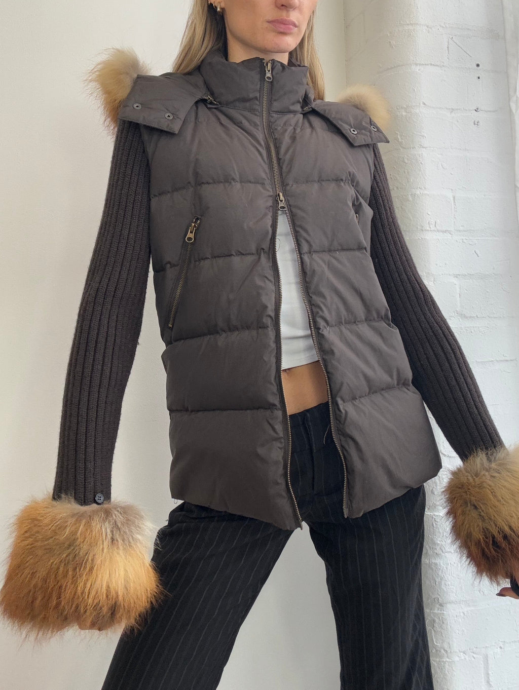 Vintage Y2K brown zip up puffer jacket fur trim